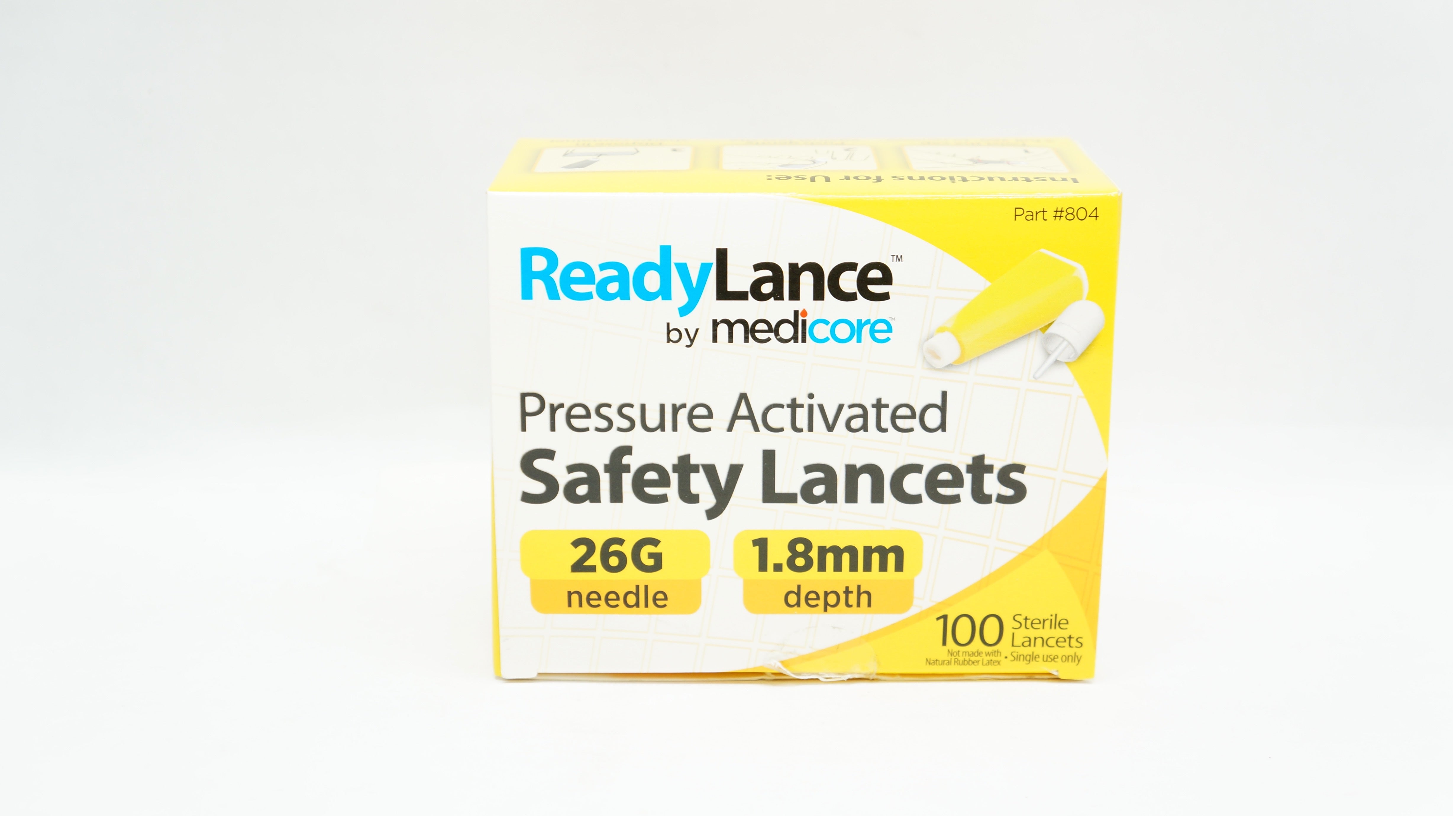 Medicore 804 ReadyLance Pressure Activated Safety Lancets 26G x 1.8mm-Box of 100