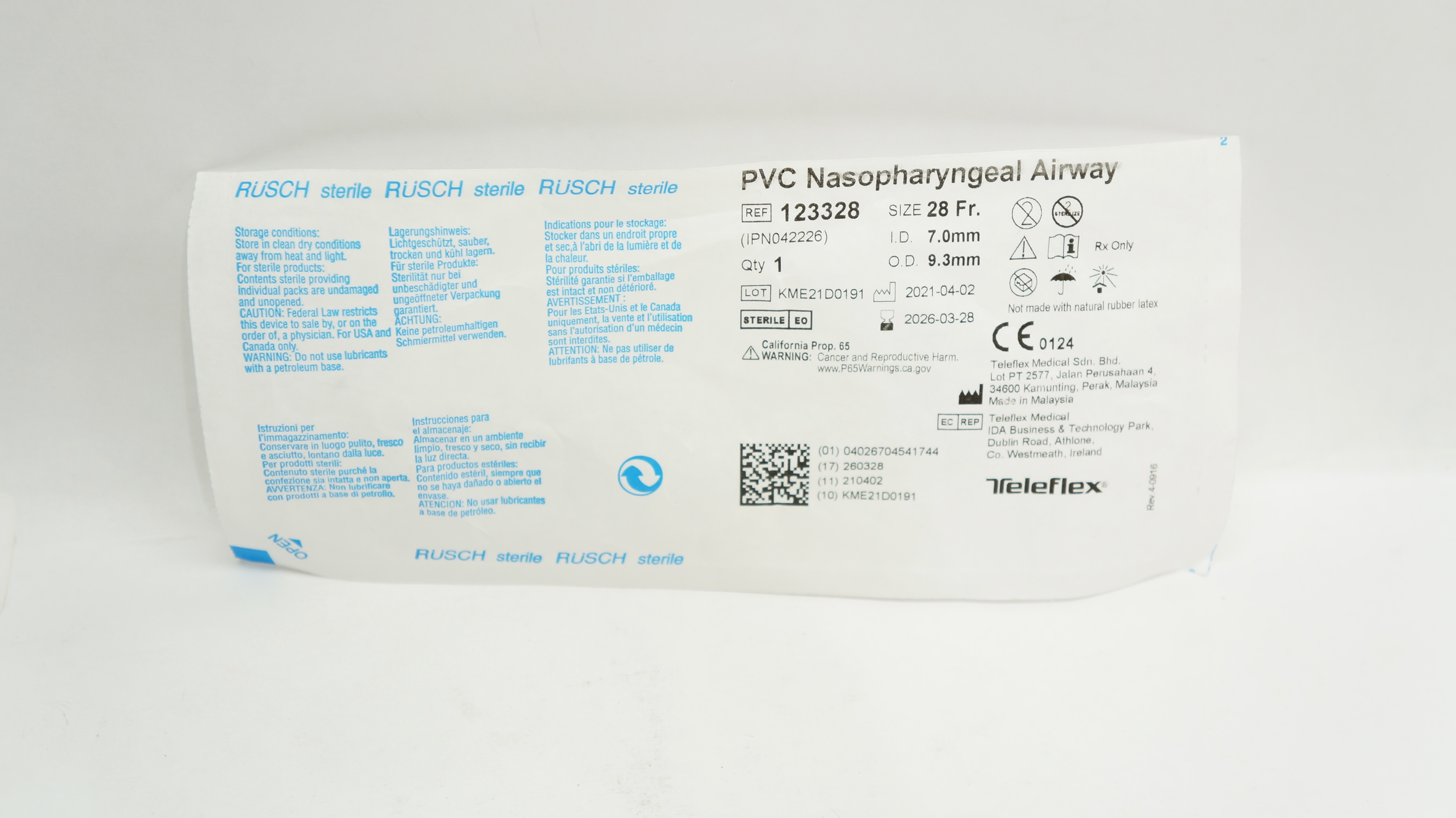 Teleflex 123328 Rusch PVC Nasopharyngeal Airway 28 Fr. x 7.0mm I.D. x 9.3mm O.D.