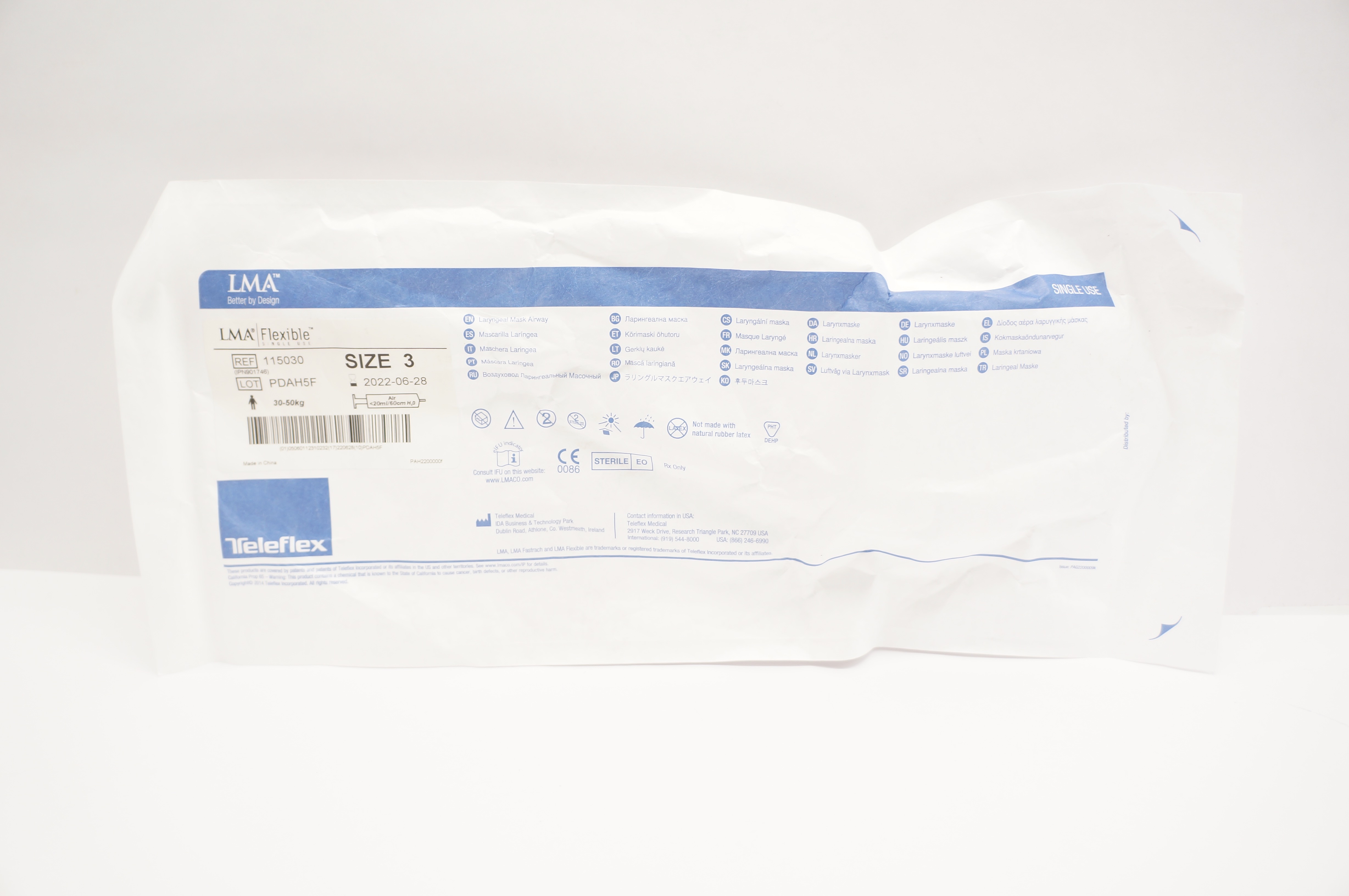 Teleflex 115030 LMA Laryngeal Mask Airway Size 3, 30-50kg Air<20ml/60cm H2O (x)