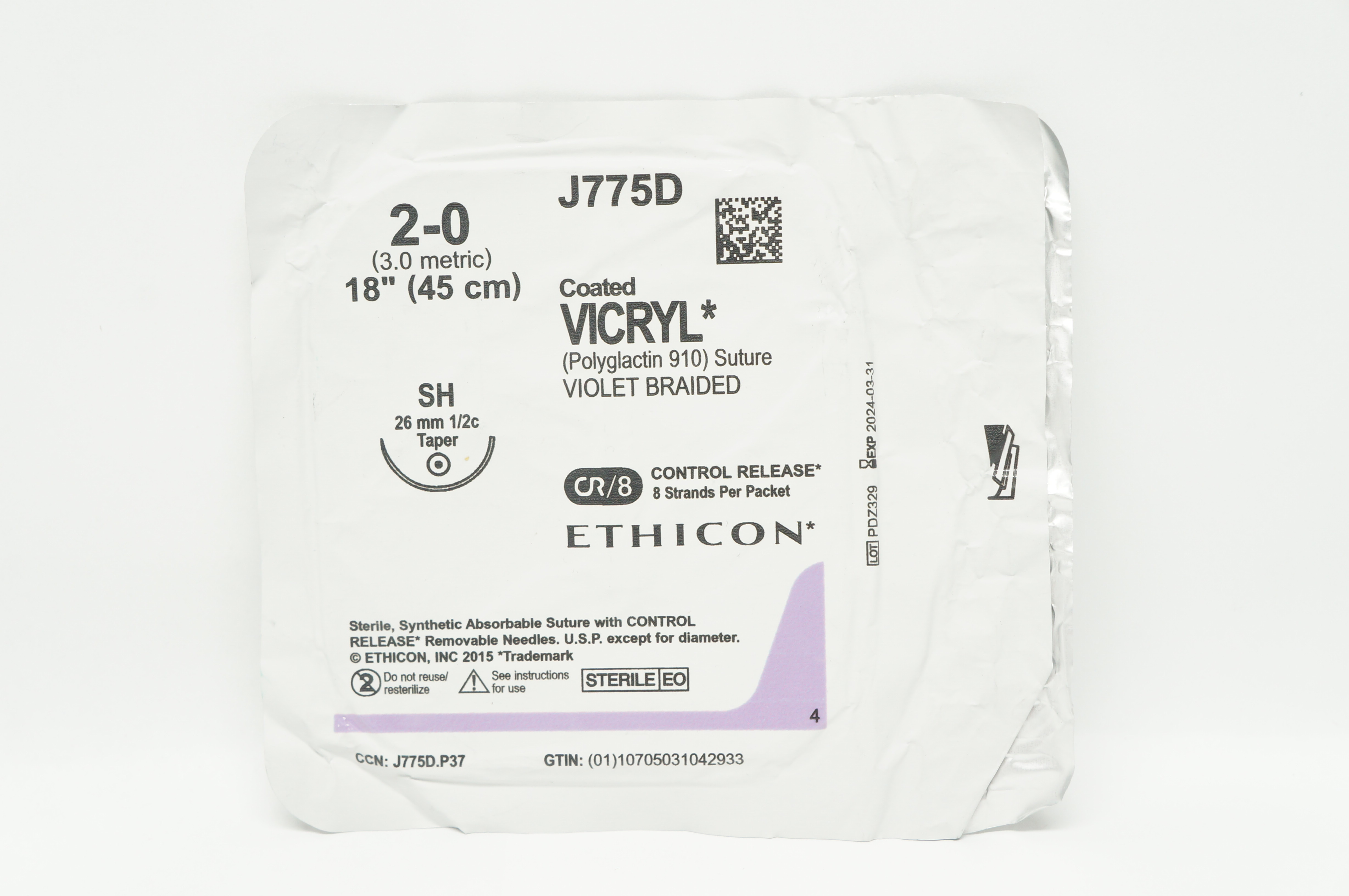 Ethicon Z775D 2-0 PDS II Polydioxanone Stre SH 26mm 1/2c Taper 18 inch CR/8