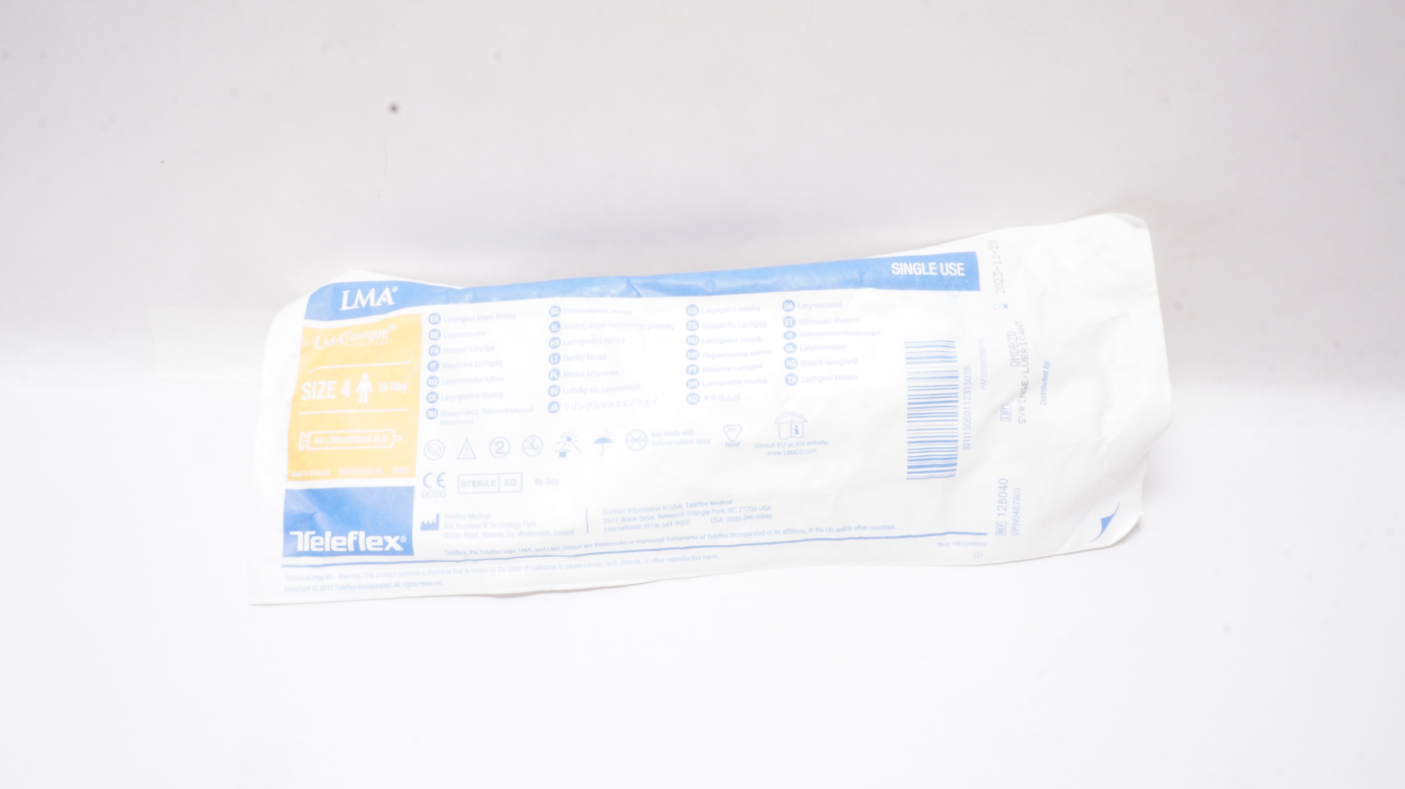 Teleflex 128040 Unique Laryngeal Mask Airway Size4 50-70kg Air<30ml/60cm H2O(x)
