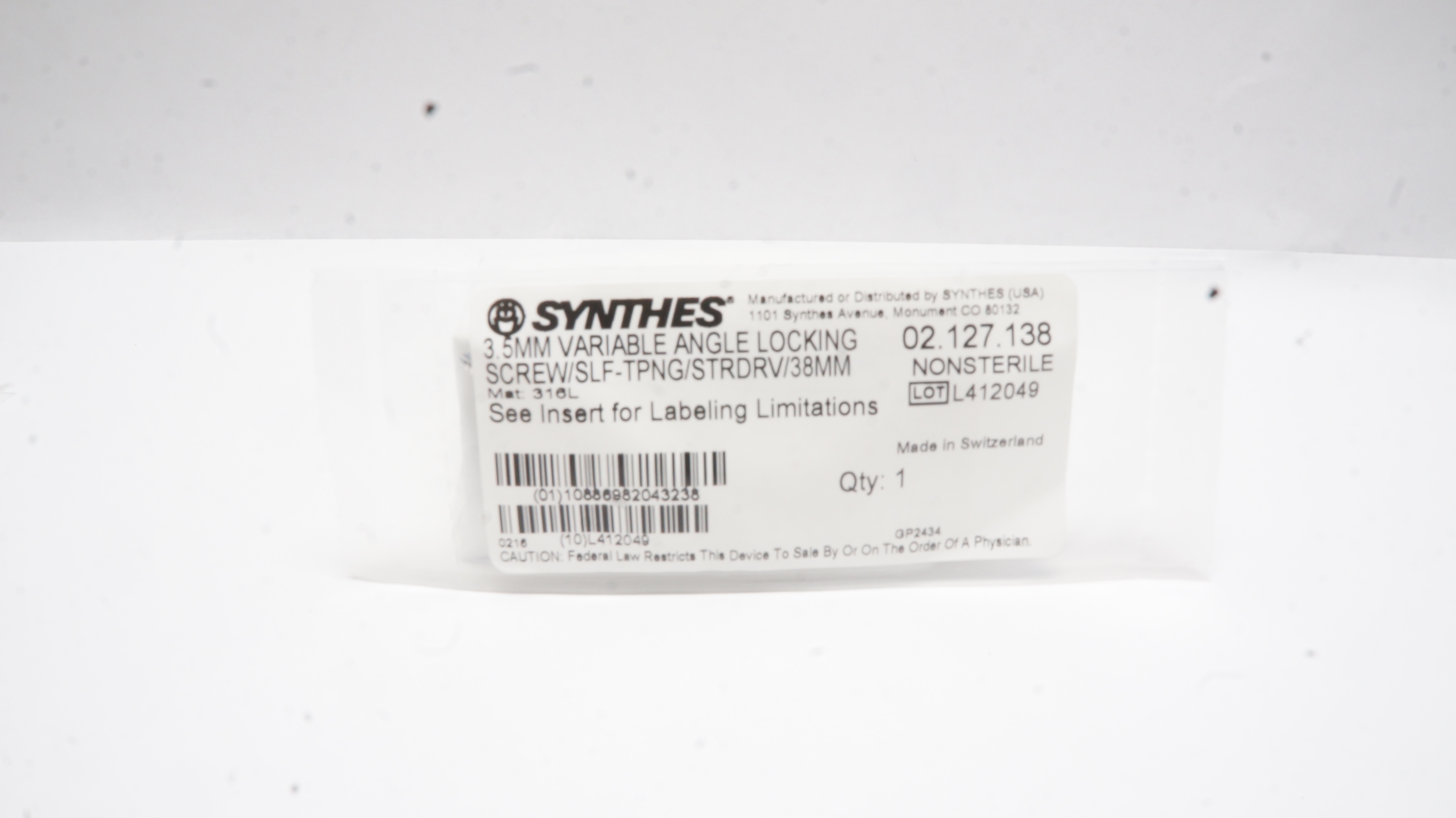 Synthes 02.127.138 3.5mm VA Locking Screw Self-Tapping/Stardrive/38mm