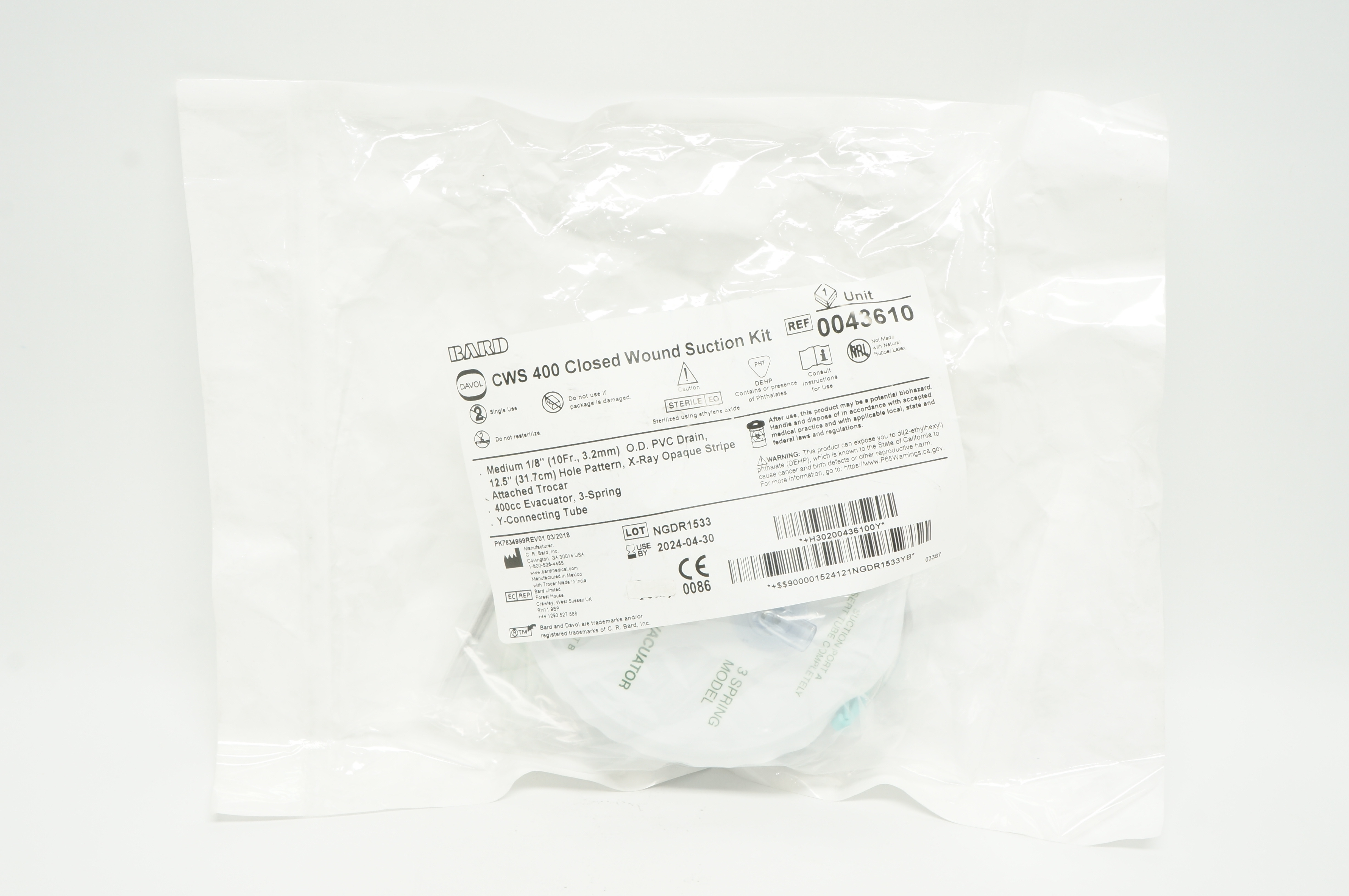 Bard 0043610 Davol CWS 400 Closed Wound Suction Kit