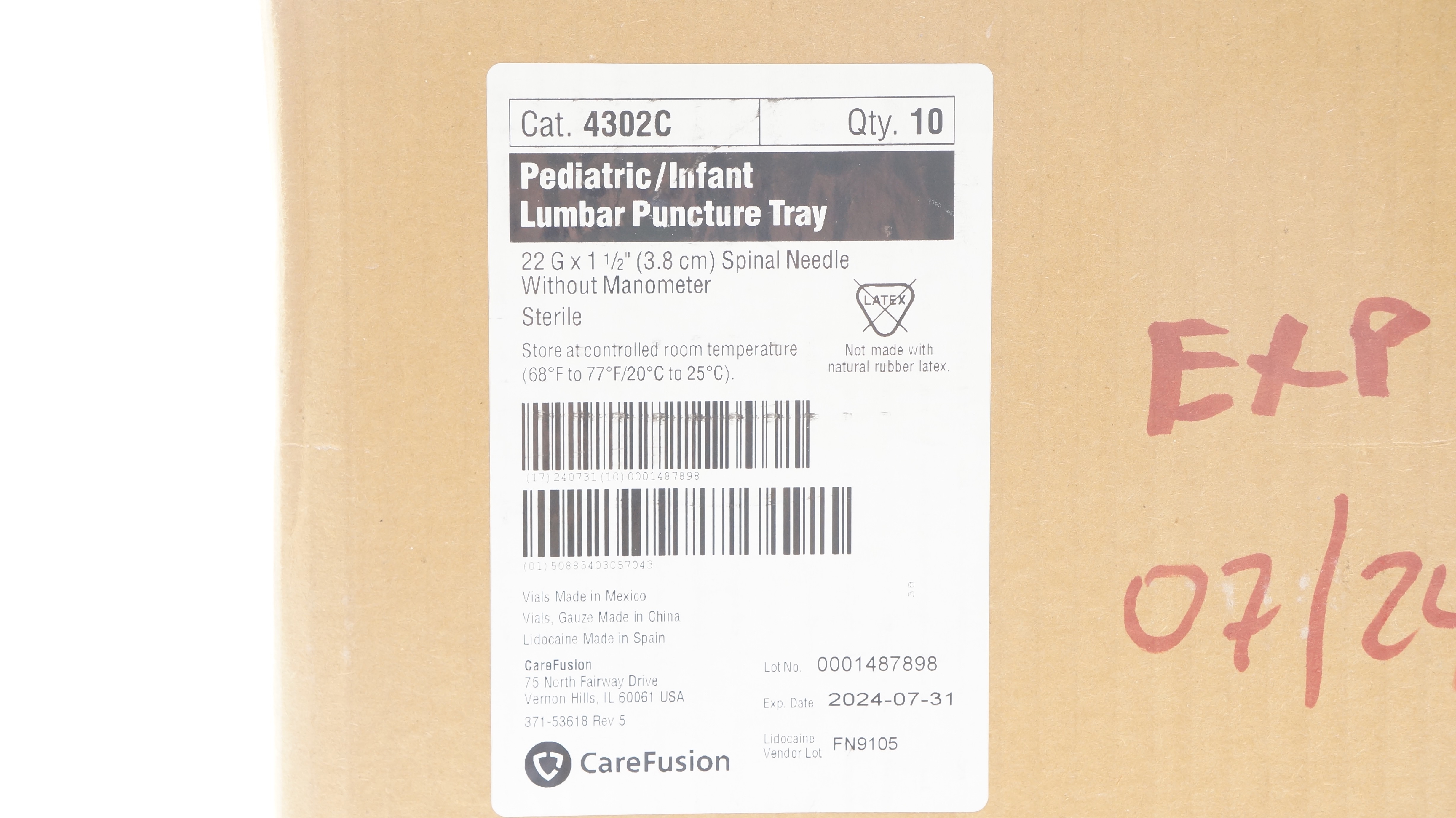CareFusion 4302C Pediatric Lumbar Puncture Tray 22Gax1-1/2inch (x) - Box of 10