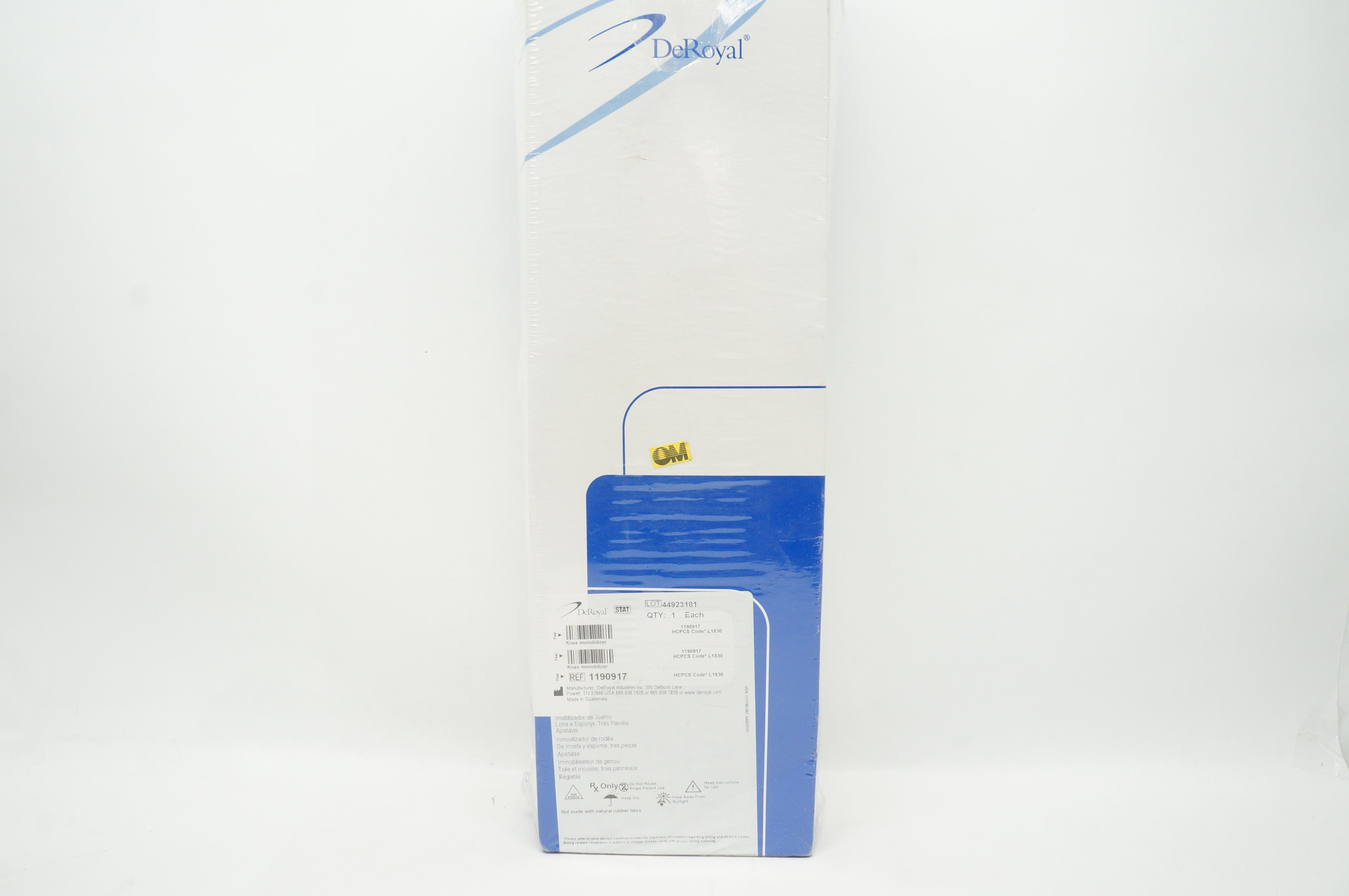 DeRoyal 1190917 Knee Immobilizer Canvas and Foam, Three Panel Adjustable 19inch