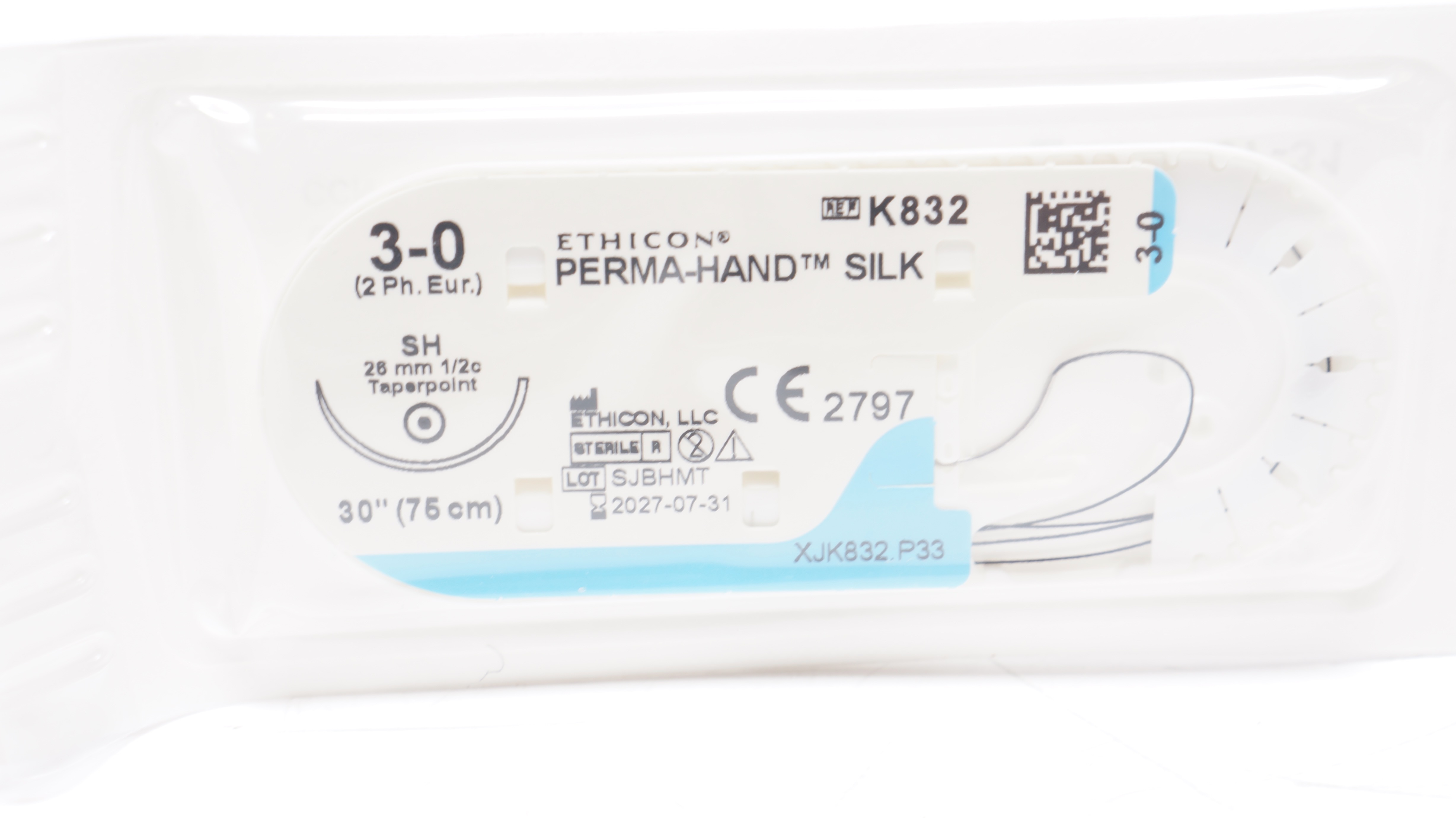Ethicon K832 3-0 PERMA-HAND SILK Stre SH 26mm 1/2c Taperpoint, 30inch