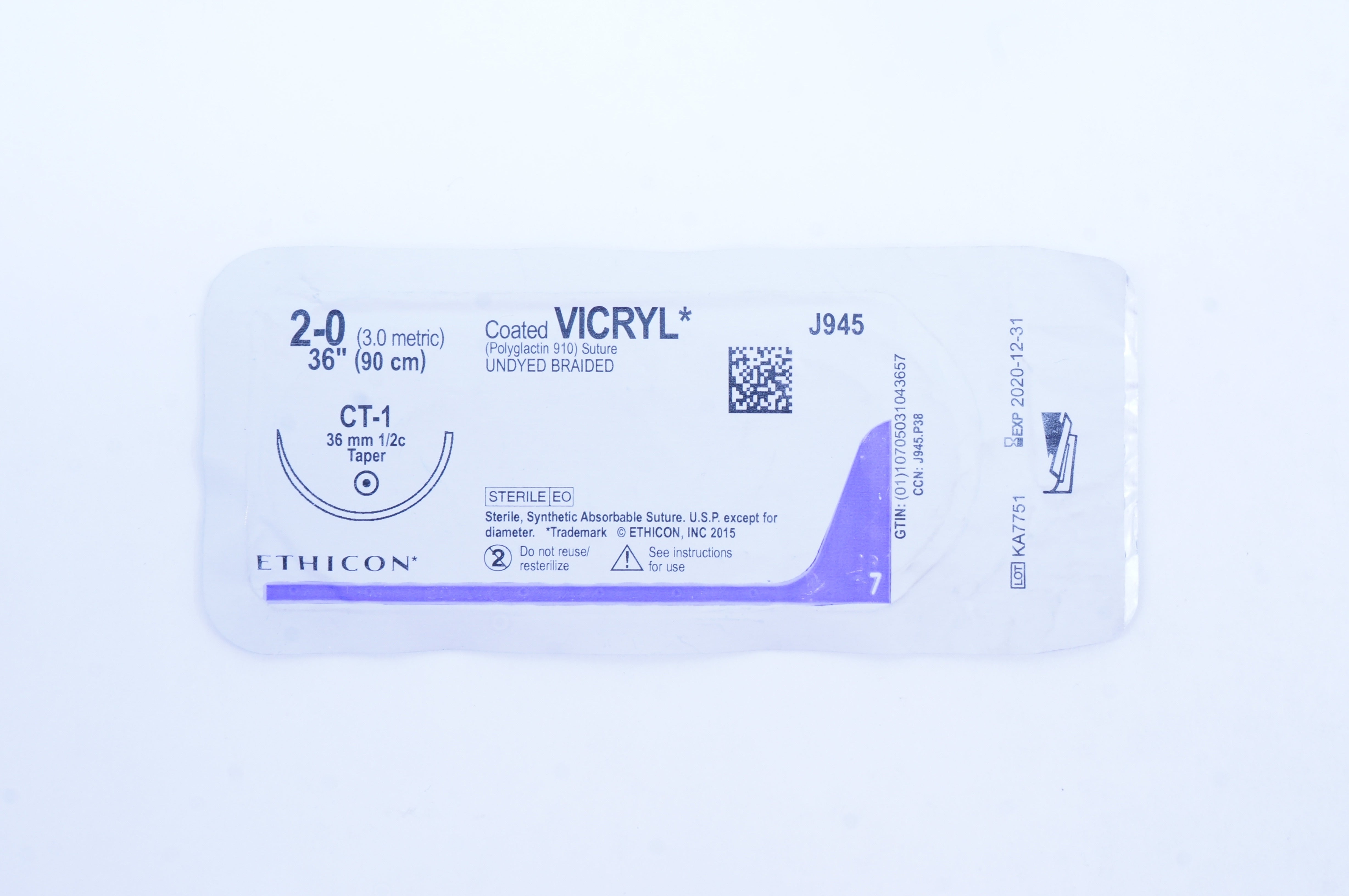 Ethicon J945 2-0 Coated VICRYL Stre CT-1 36mm 1/2c Taper, 36 inch (x)