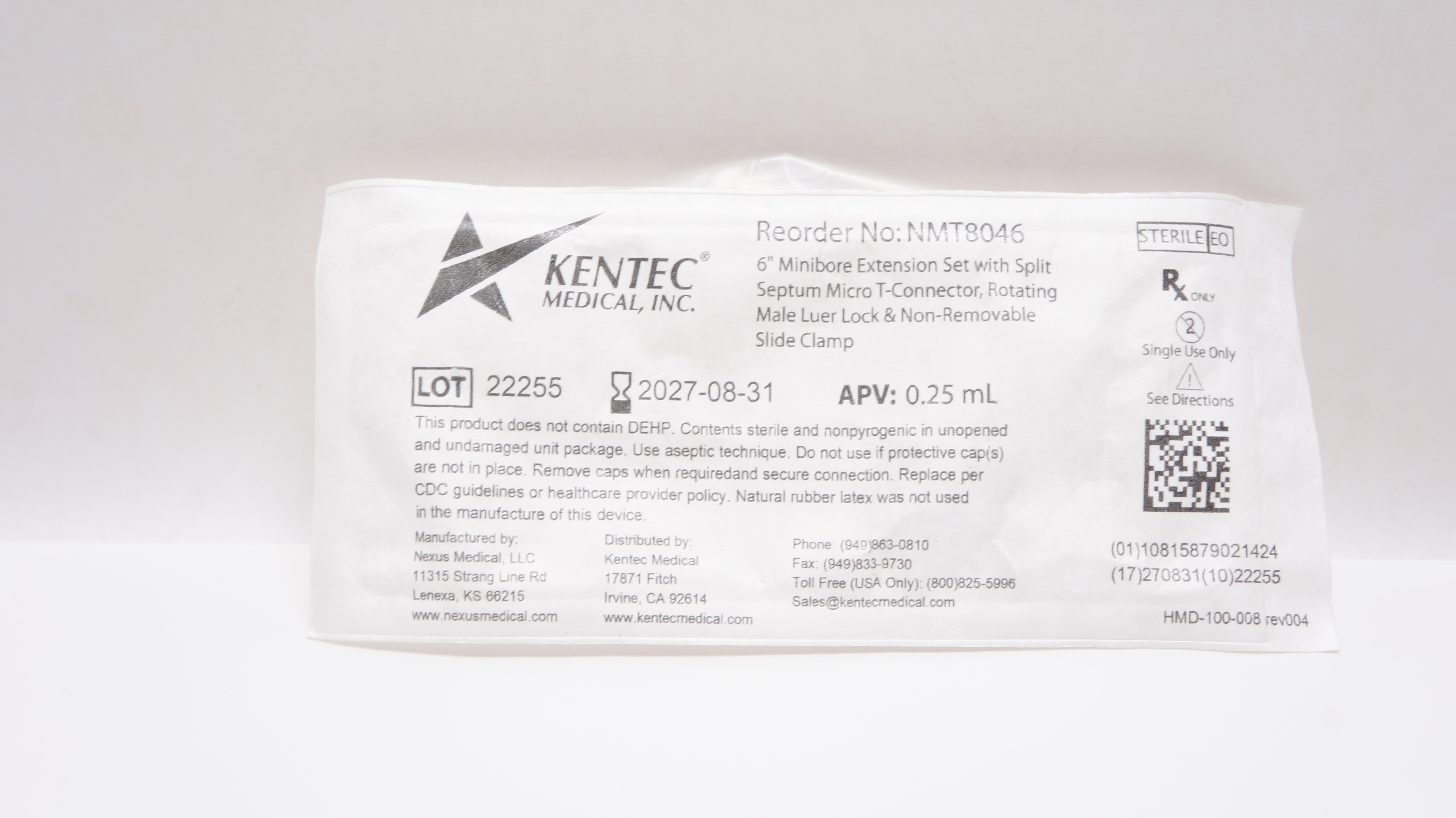 Nexus Medical NMT8046 Kentec Minibore Extension Set 6inch, APV: 0.25mL