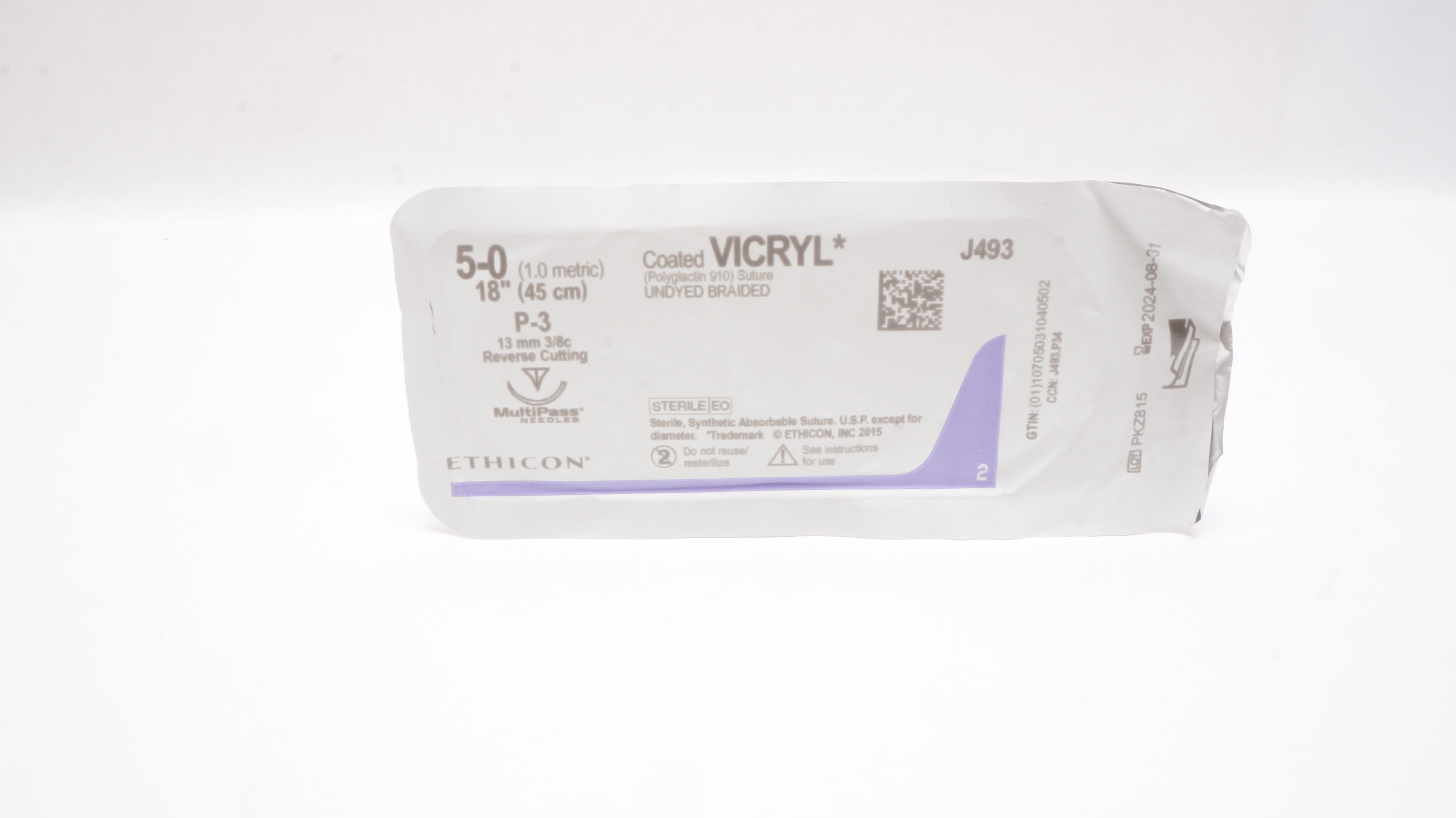 Ethicon J493 5-0 Coated VICRYL, P-3, 13mm 3/8c Reverse Cutting, 18inch