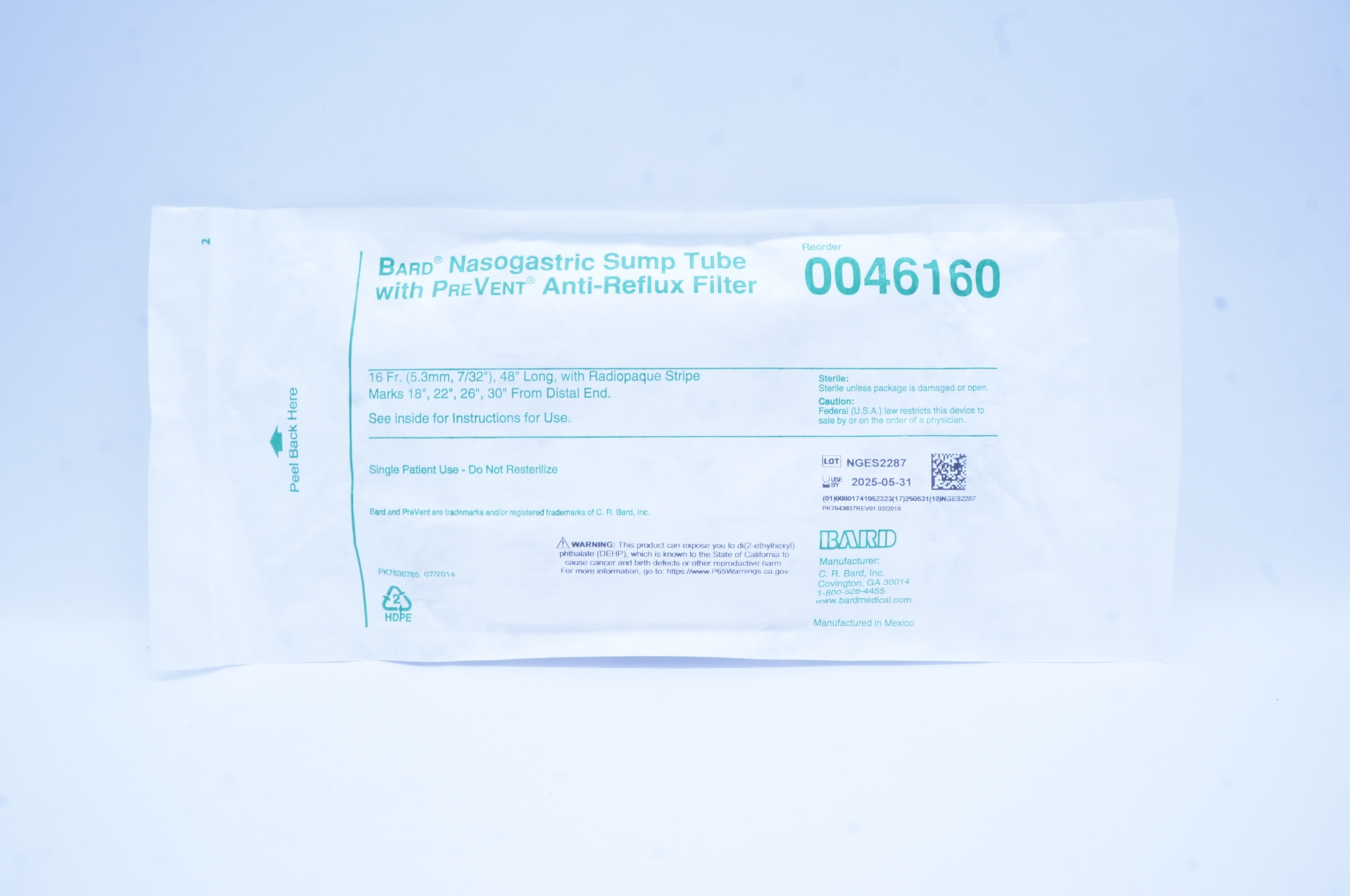 Bard 0046160 Nasogastric Sump Tube W/PreVent Anti-Reflux Filter 16Fr x 48 inch