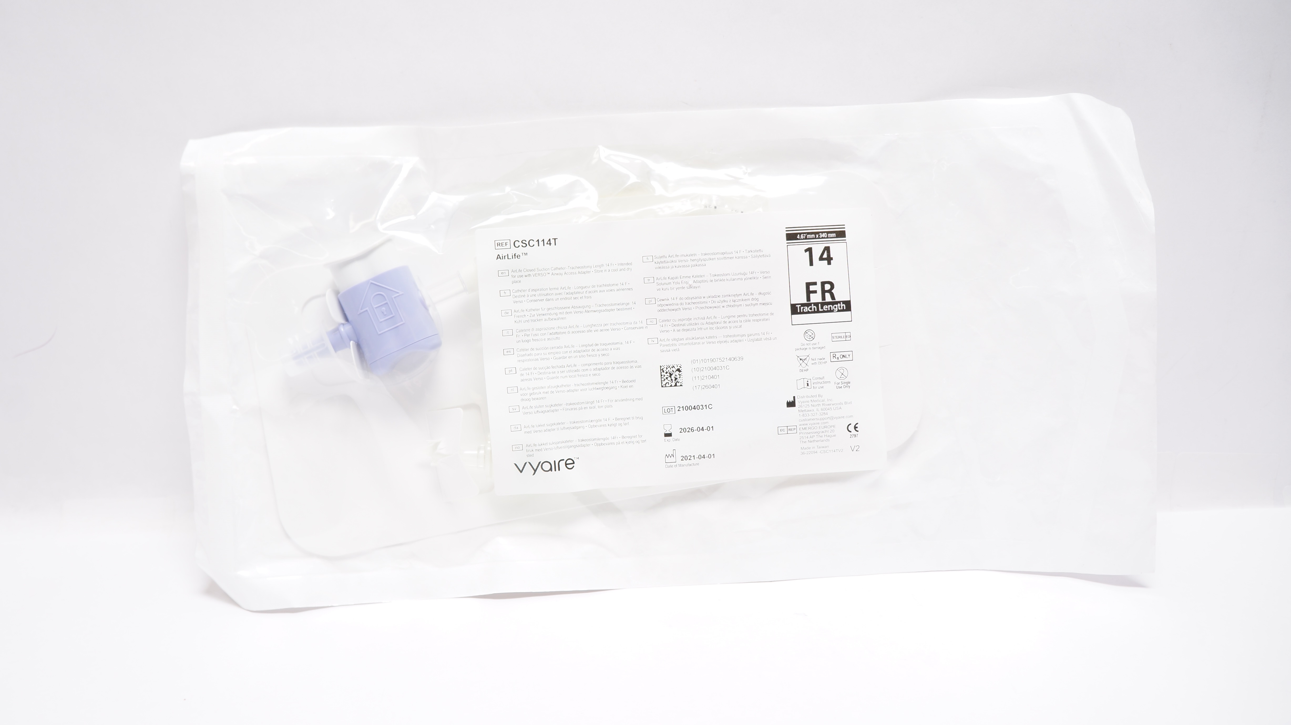 Vyaire CSC114T Airlife Closed Suction Cath.-Tracheostomy 14Fr