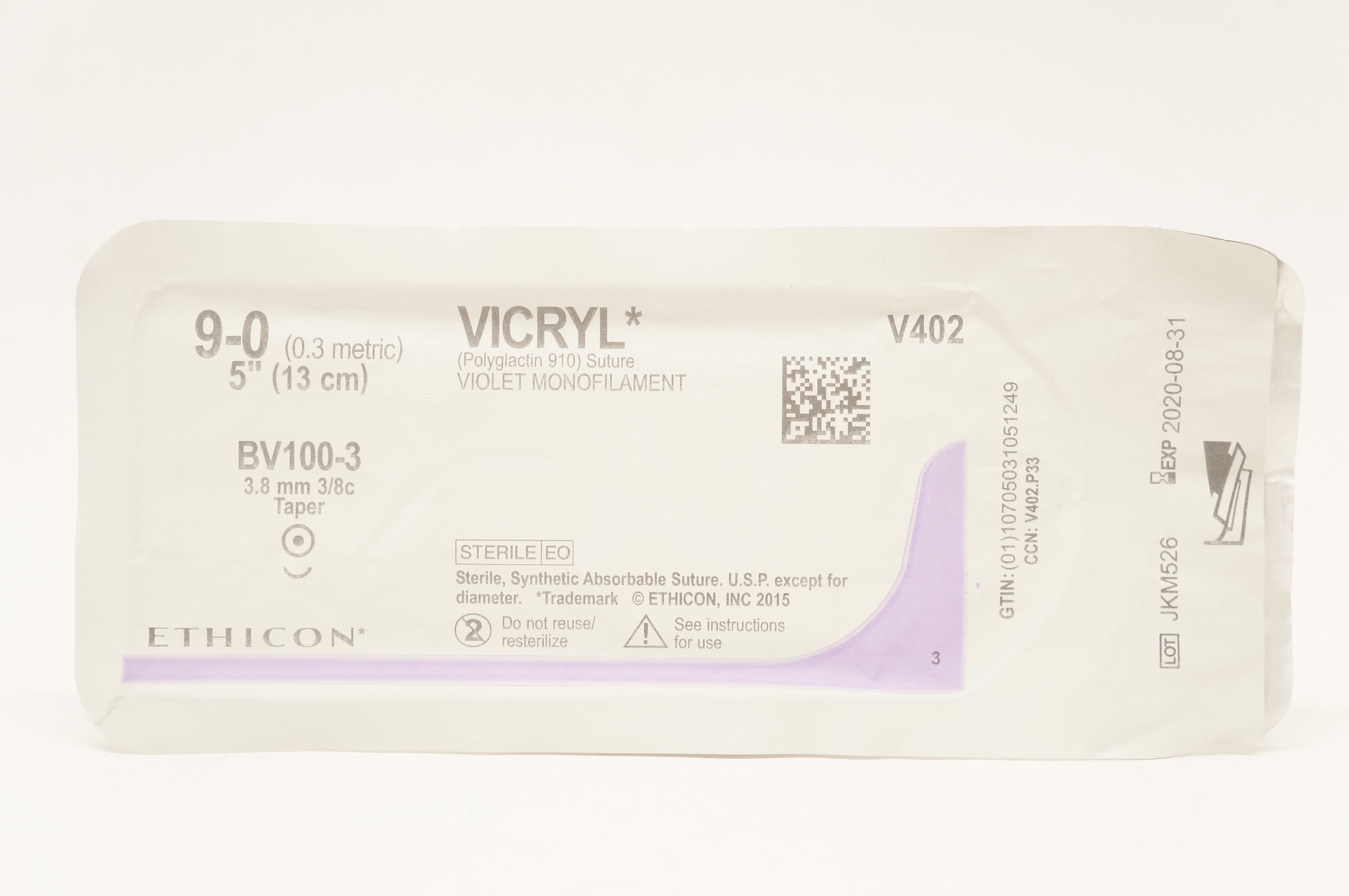 Ethicon V402 9-0 VICRYL, BV100-3 3/8mm 3/8c Taper, Violet Monofilament, 5inch(x)