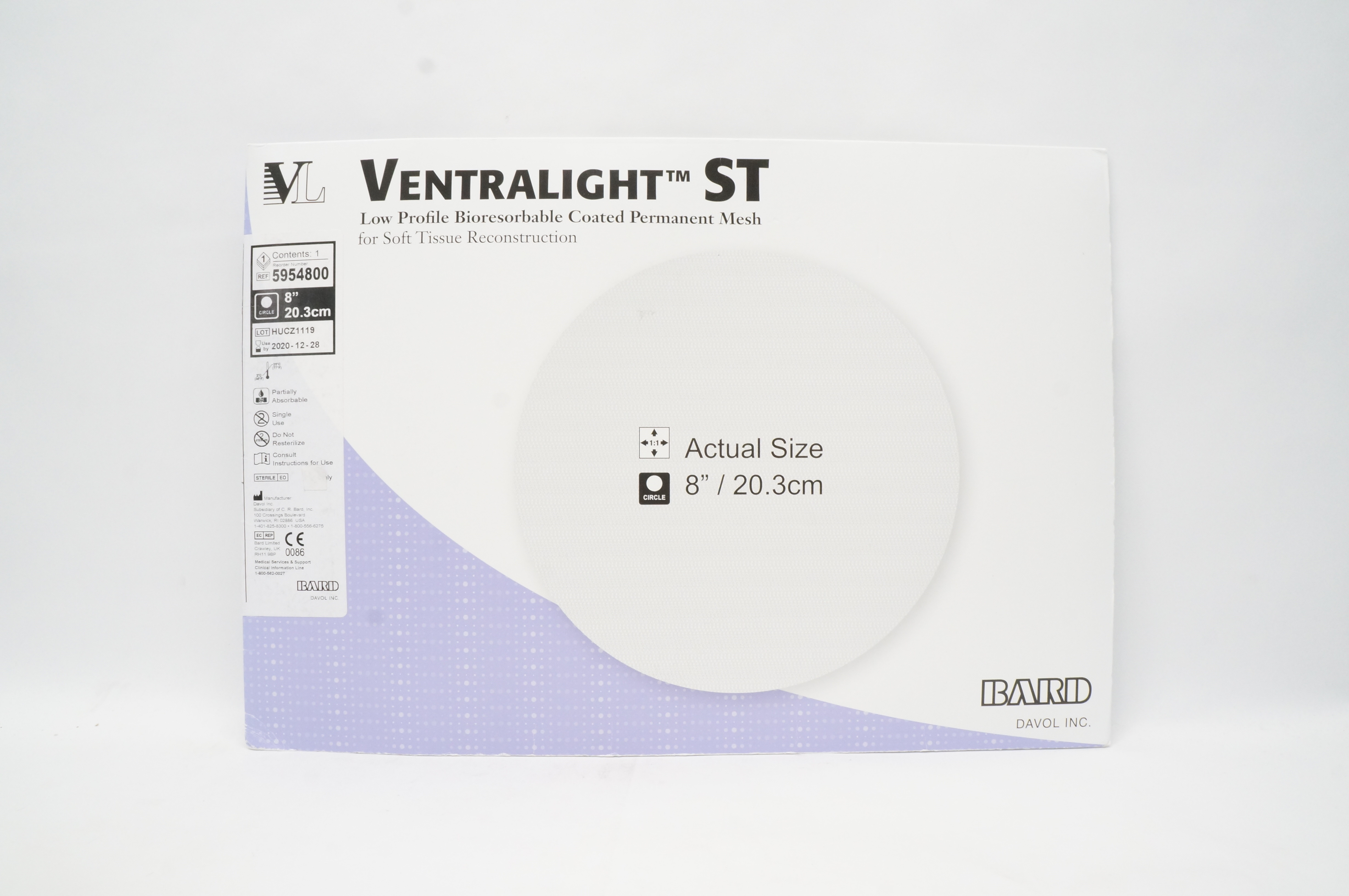 Bard 5954800 Ventralight ST Bioresorbable Coated Permanent Mesh 8in.x20.3cm. (x)