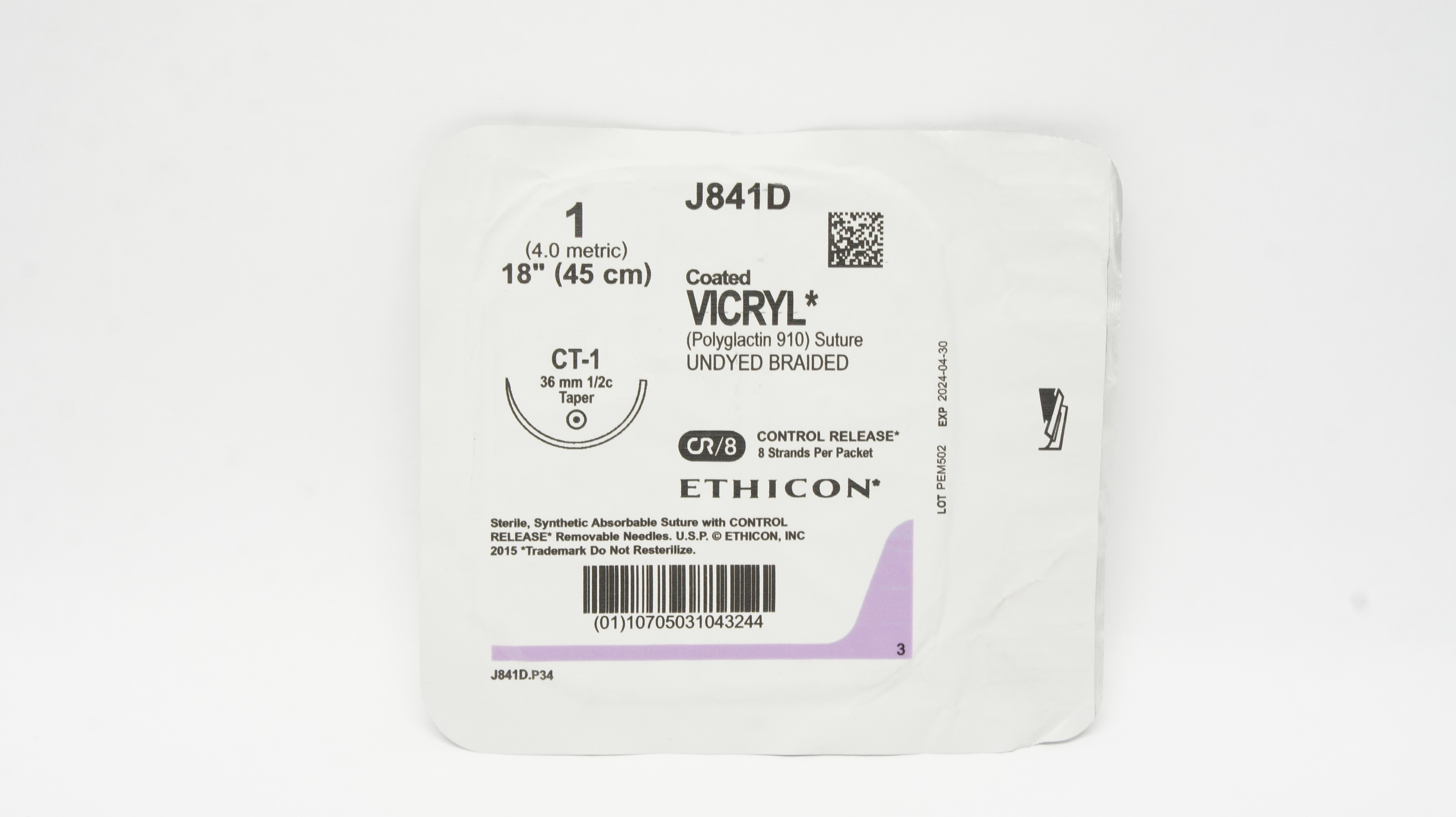 Ethicon J841D 1 Coated VICRYL Polyglactin Stre CT-1 36mm 1/2c Taper, 18inch