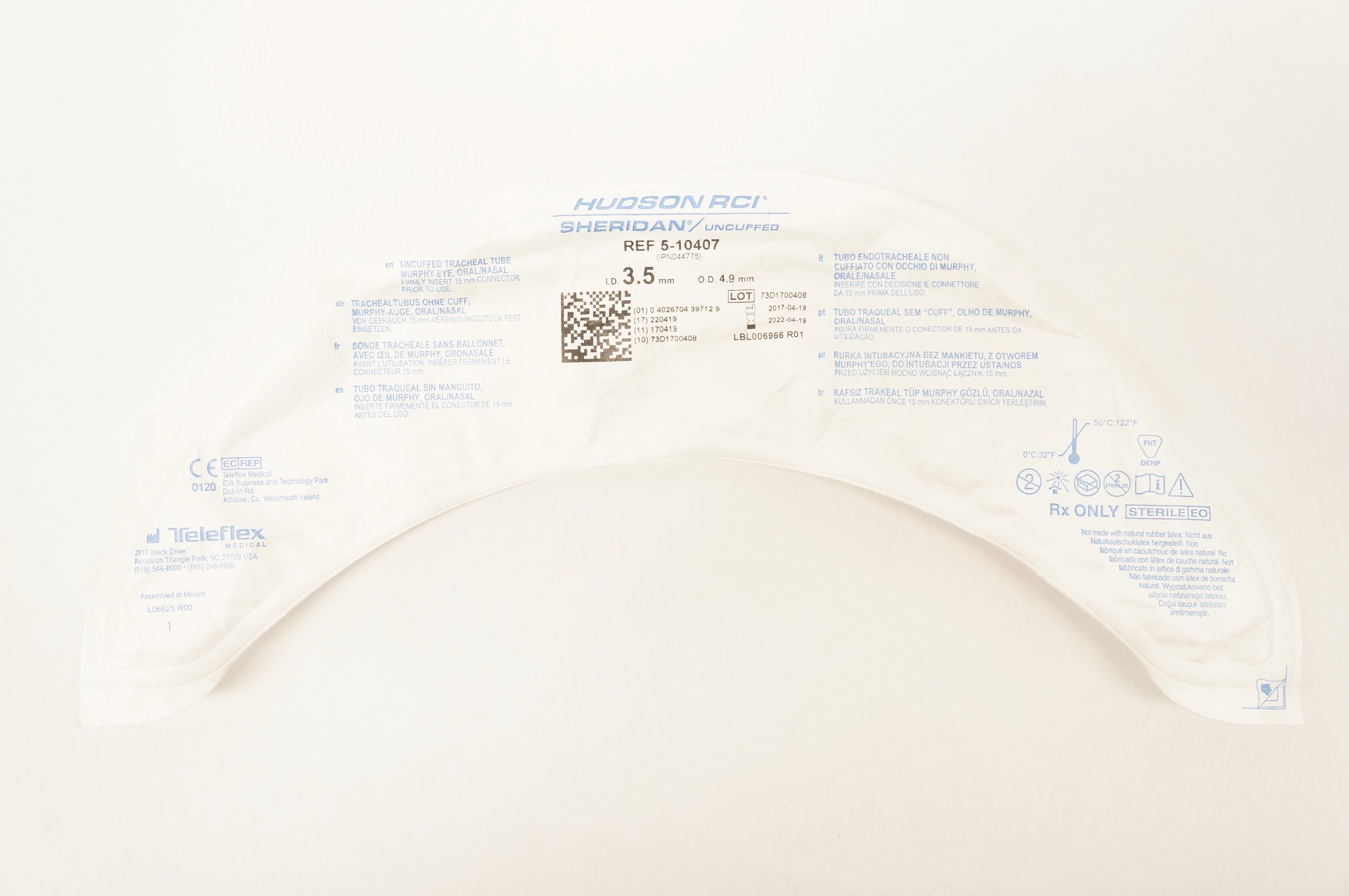 Teleflex 5-10407 Hudson RCI Sheridan Tracheal Tube Uncuffed 3.5 ID x 4.9mm OD(x)