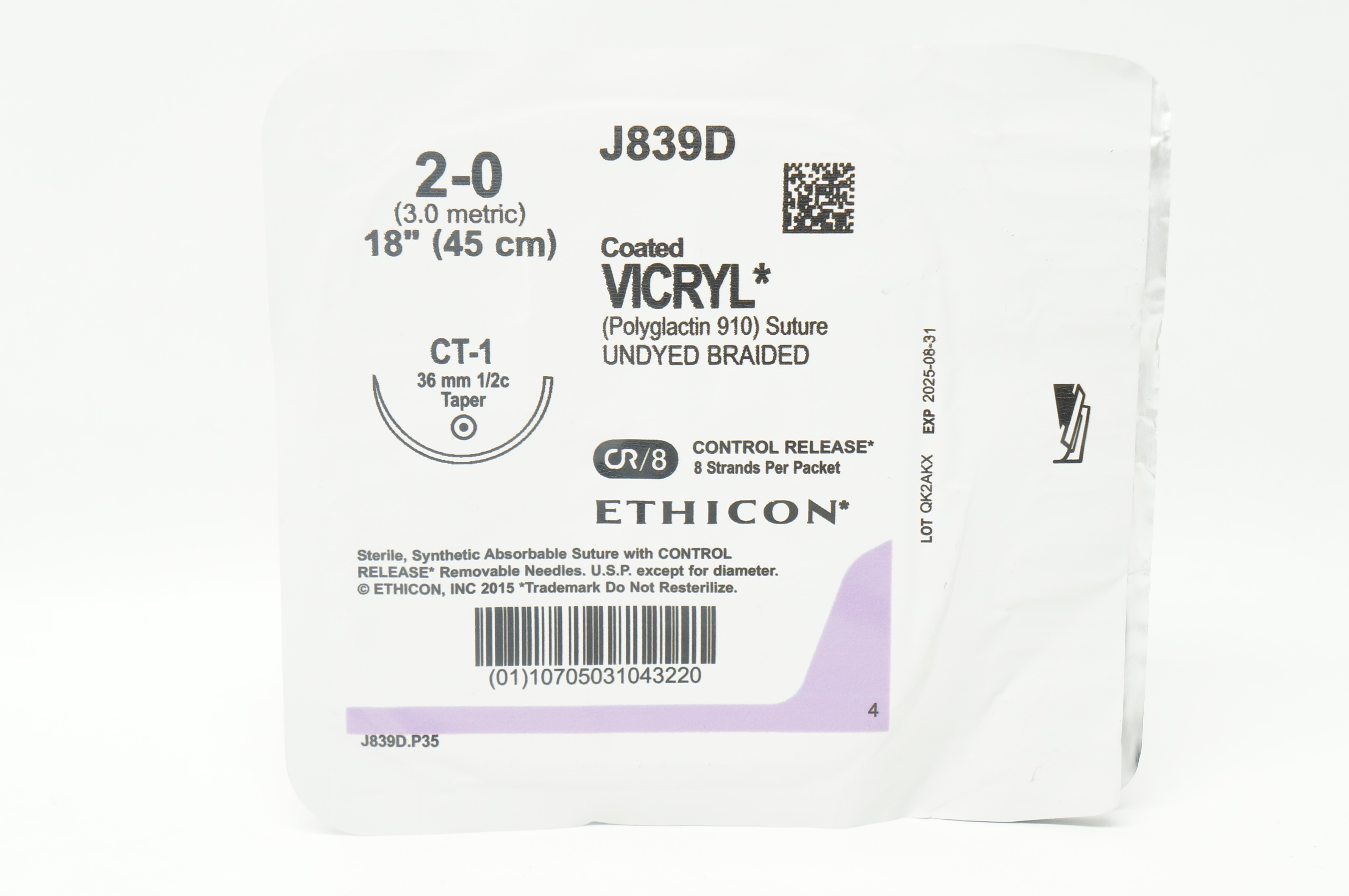 Ethicon J839D 2-0 Coated VICRYL Stre CT-1 36mm 1/2c Taper, 18 inch