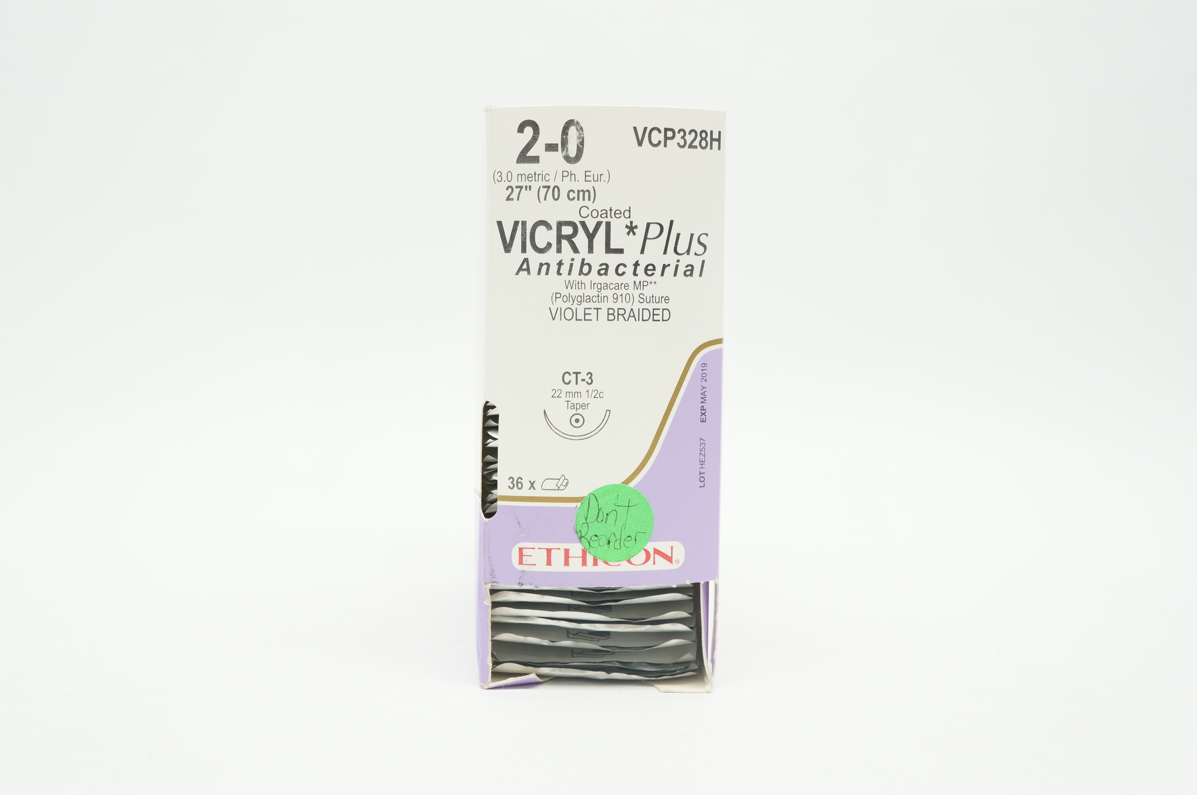 Ethicon VCP328 2-0 VICRYL Plus CT-3 22mm 1/2c Taper 27 inch (x) - Box of 36