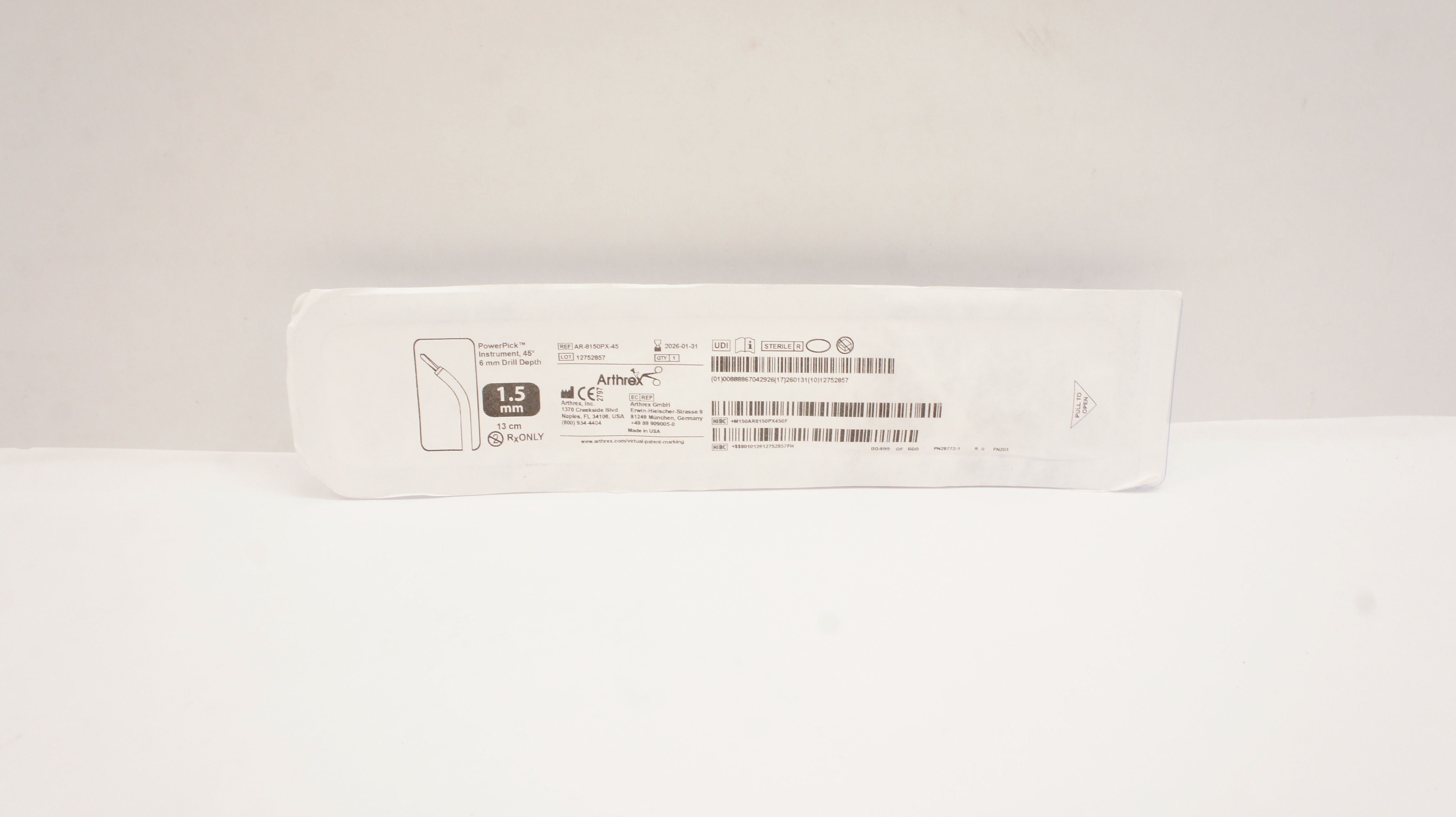 Arthrex AR-8150PX-45 PowerPick 45 Degree 6mm Drill Depth 1.5mm x 13cm