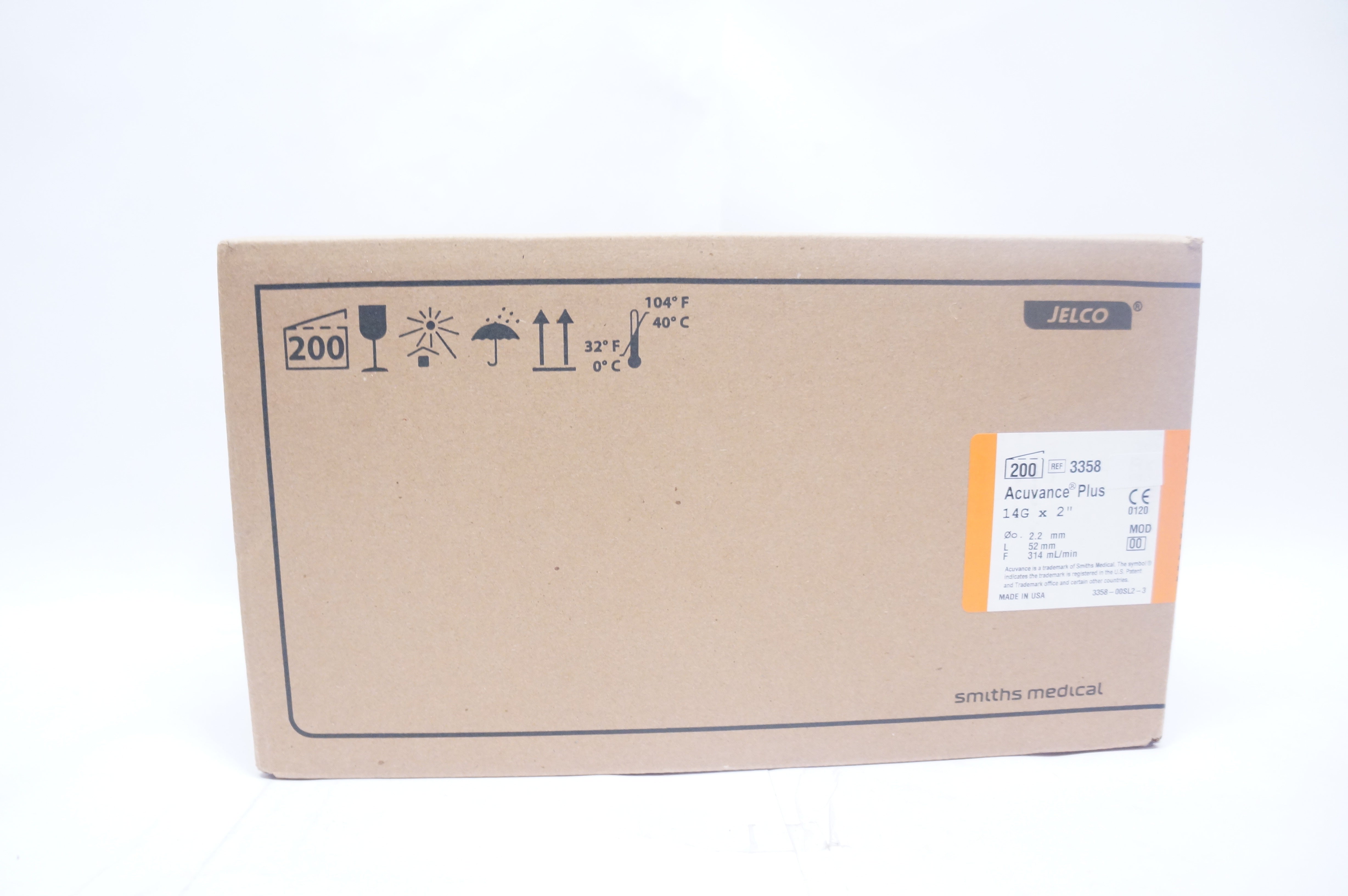 Smiths Medical 3358 Acuvance Plus Safety IV Cath. 14G x 2inch - Case of 200