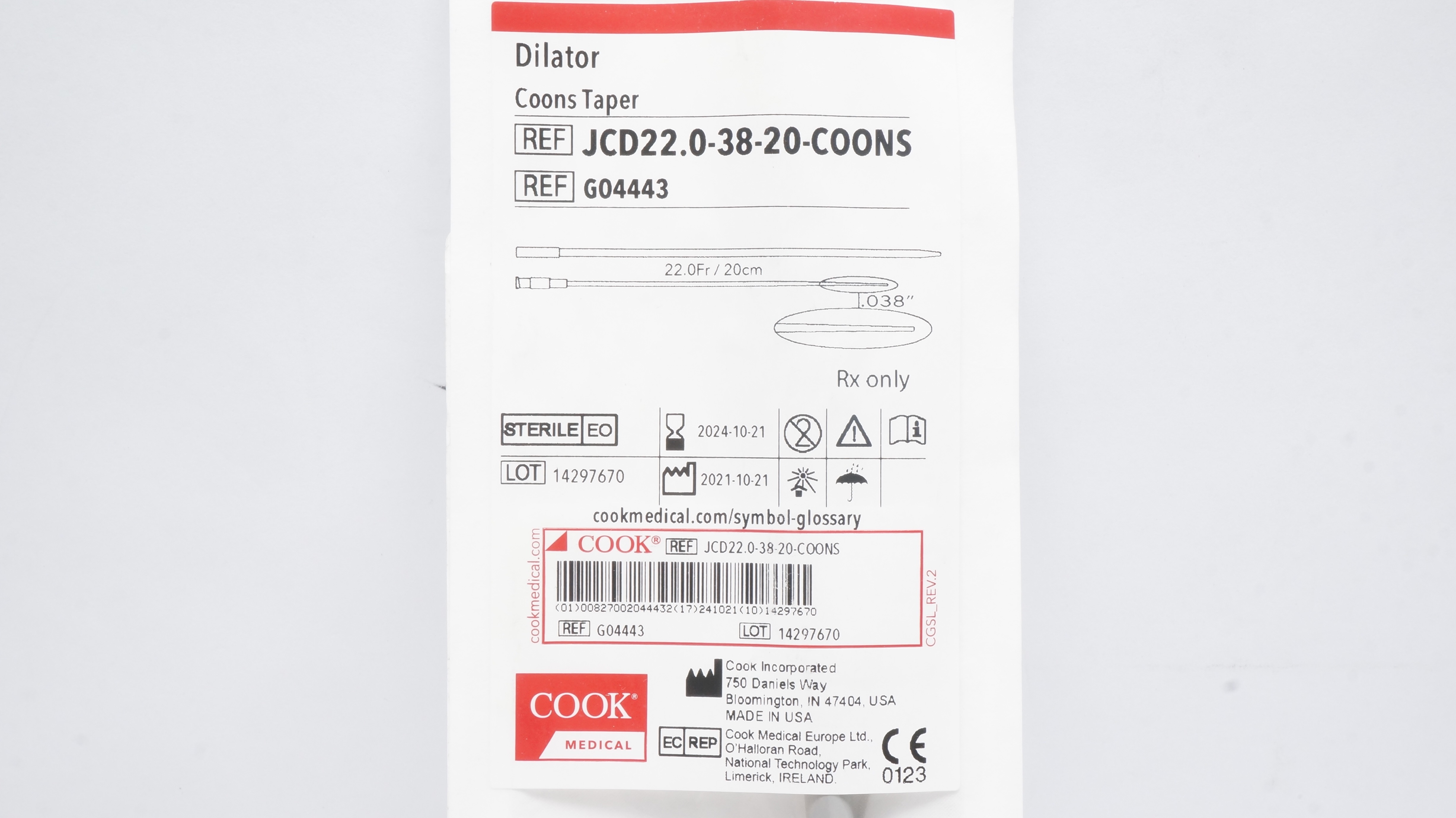Cook Medical G04443 Dilator Coons Taper 22.0Fr/20cm, 0.038inch (x)
