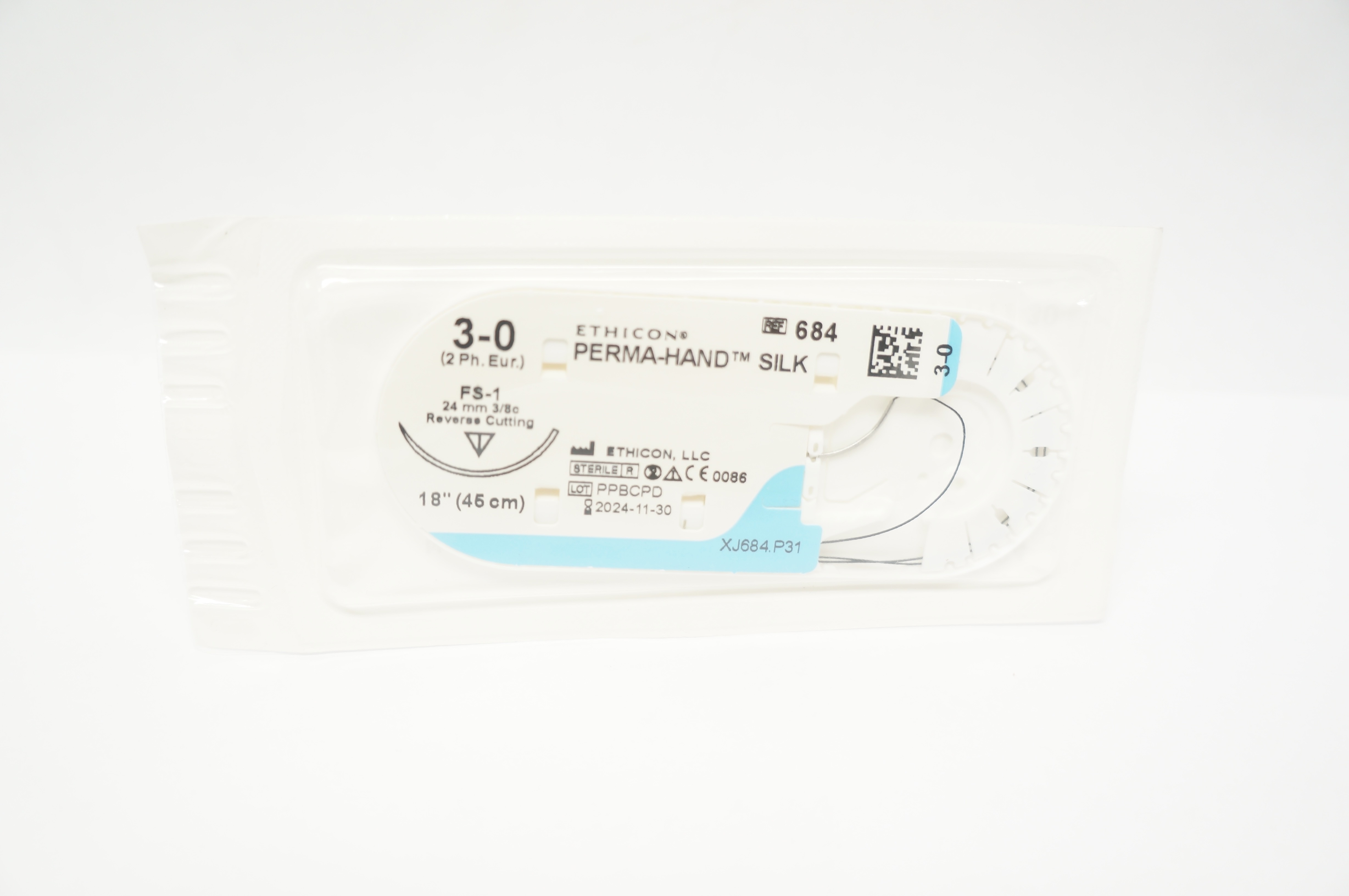 Ethicon 684 3-0 Perma-Hand Silk FS-1 24mm 3/8c Reverse Cutting 18inch