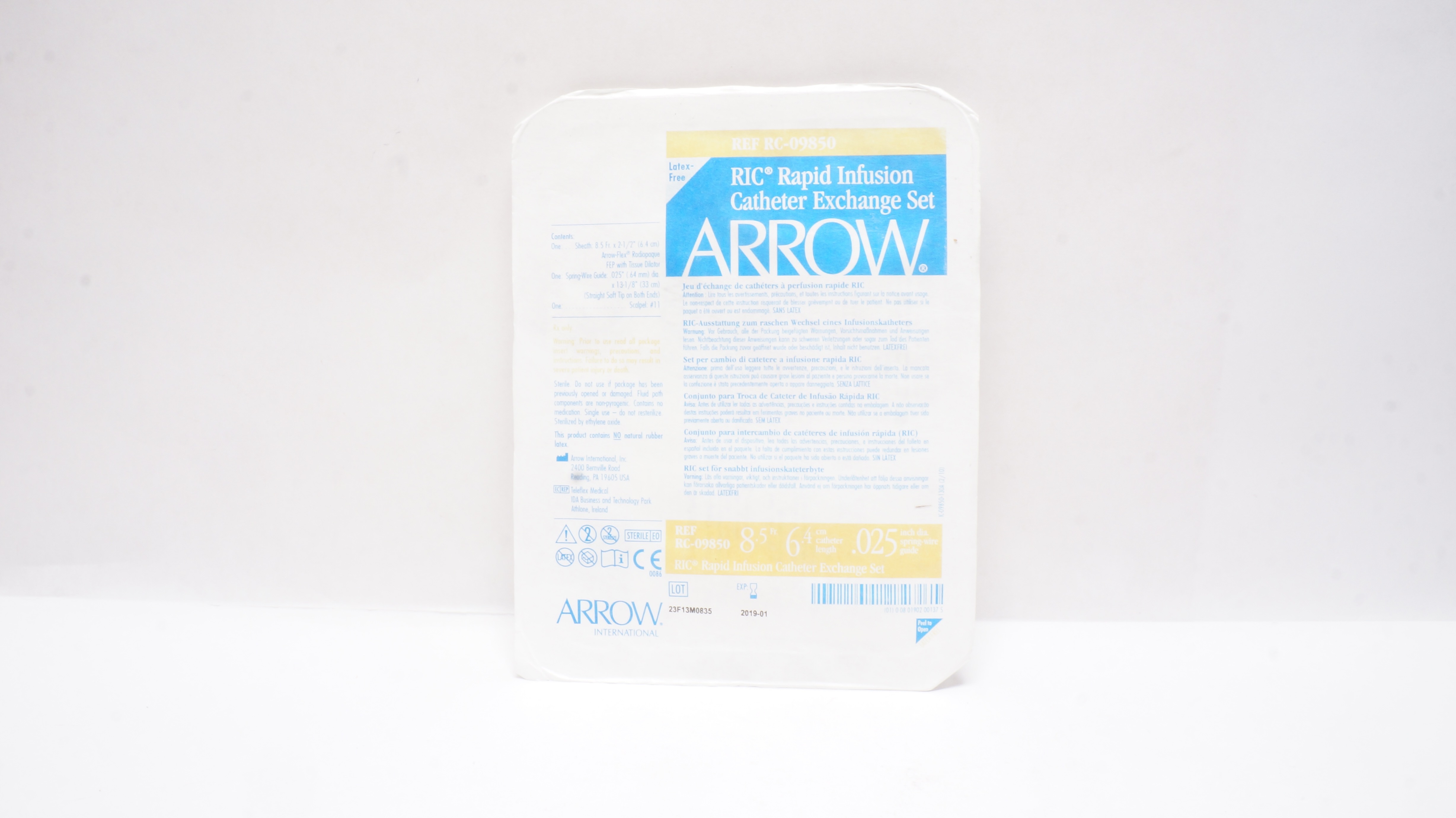 Arrow RC-09850 RIC Rapid Infusion Cath. Exchange Set 8.5Fr x 6.4cm x .025inch(x)