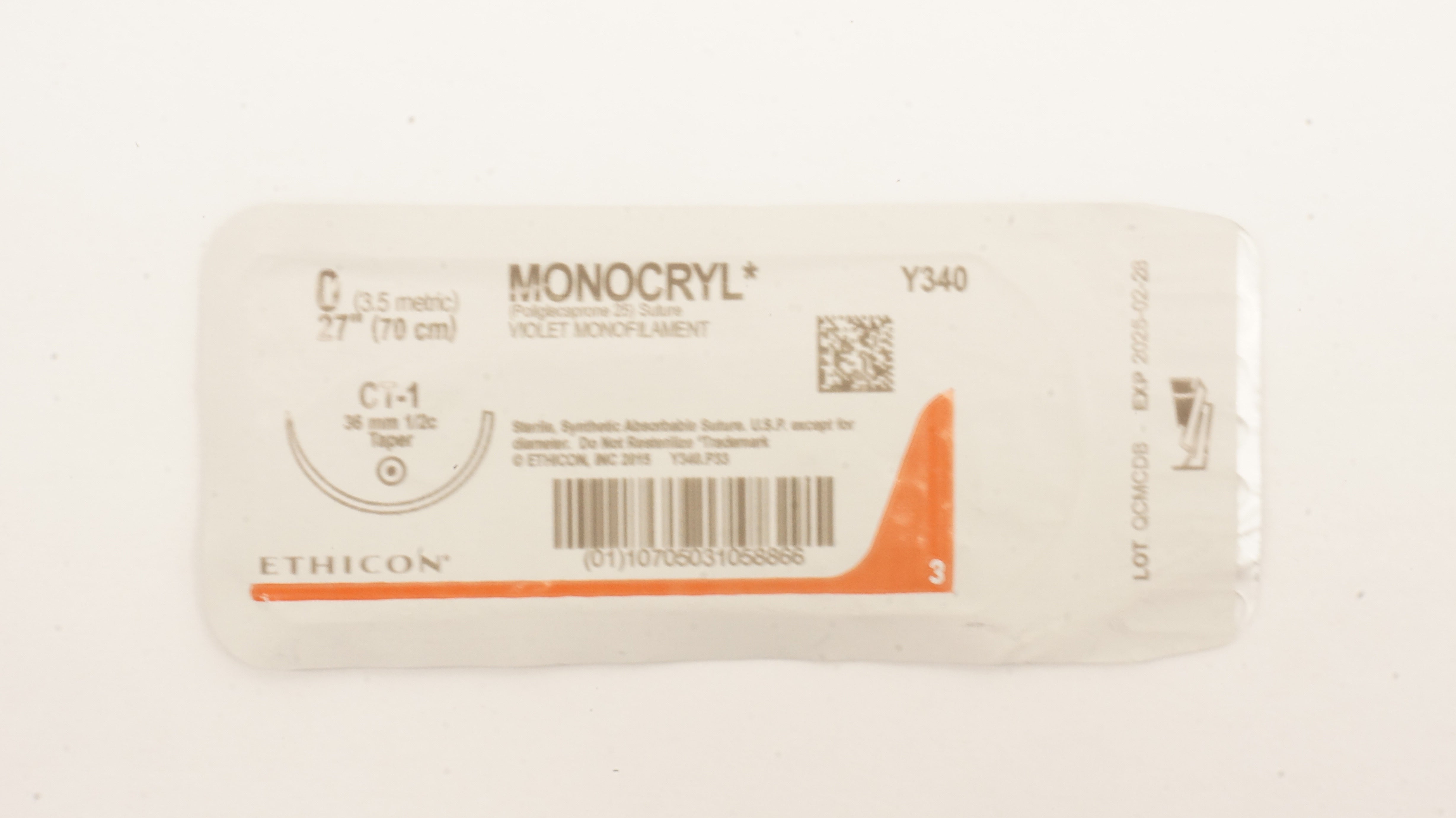 Ethicon Y340 0 MONOCRYL Violet Monofilament Stre CT-1 1/2c 36mm Taper, 27inch