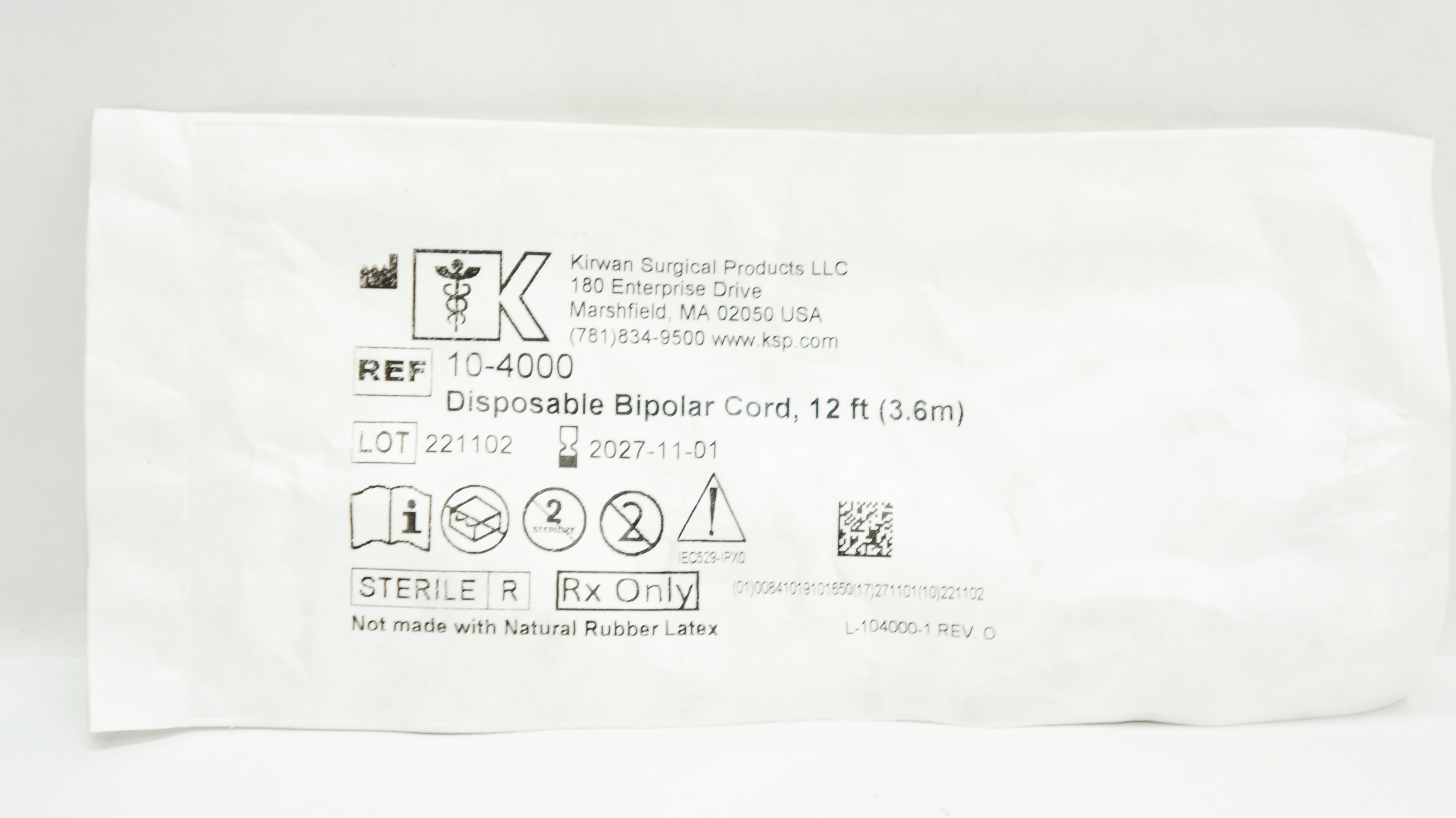 Kirwan Surgical 10-4000 Disposable Bipolar Cord 12ft.