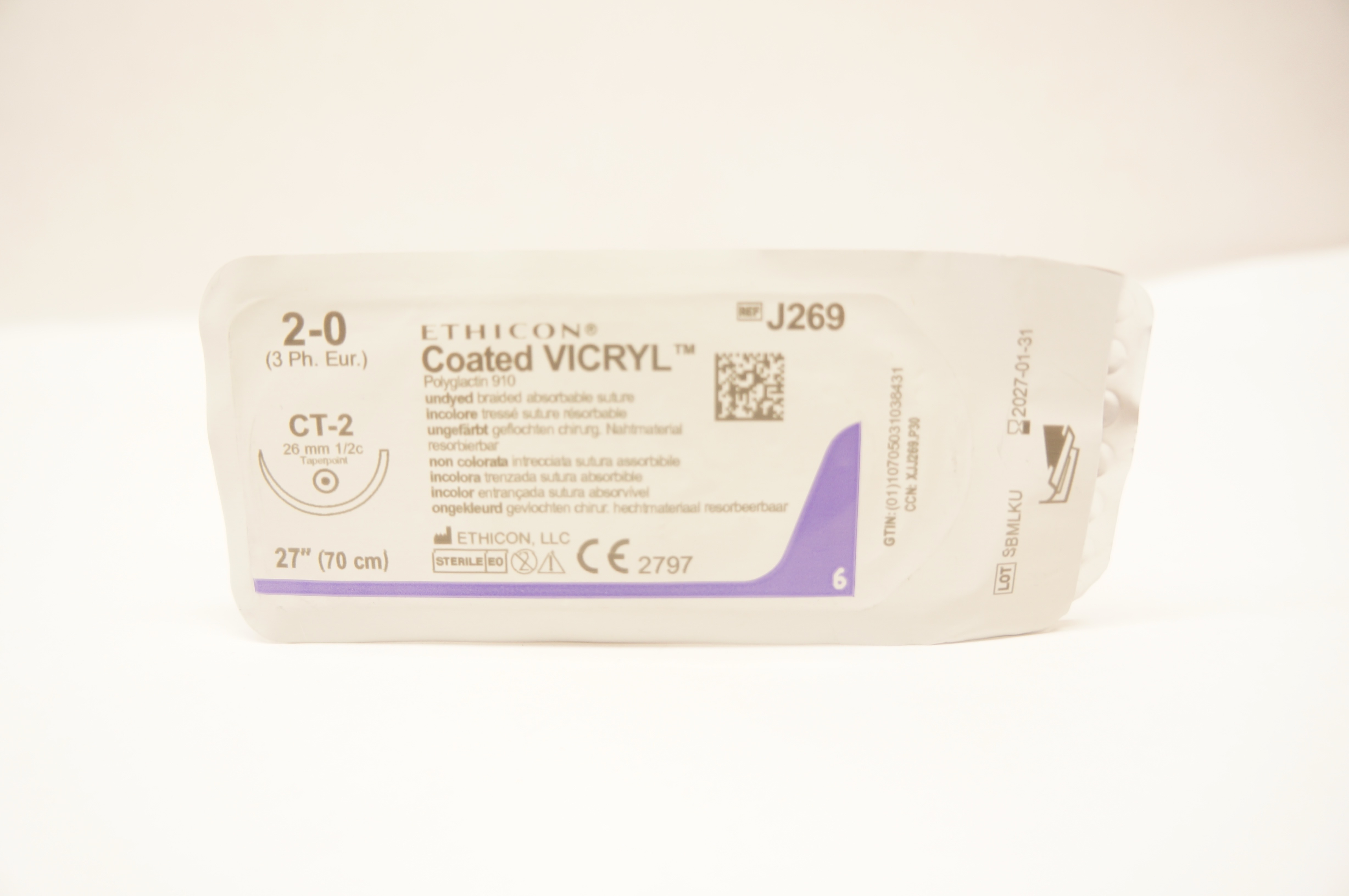 Ethicon J269 2-0 Coated VICRYL Polyglactin Stre CT-2 26mm 1/2c Taperpoint 27inch