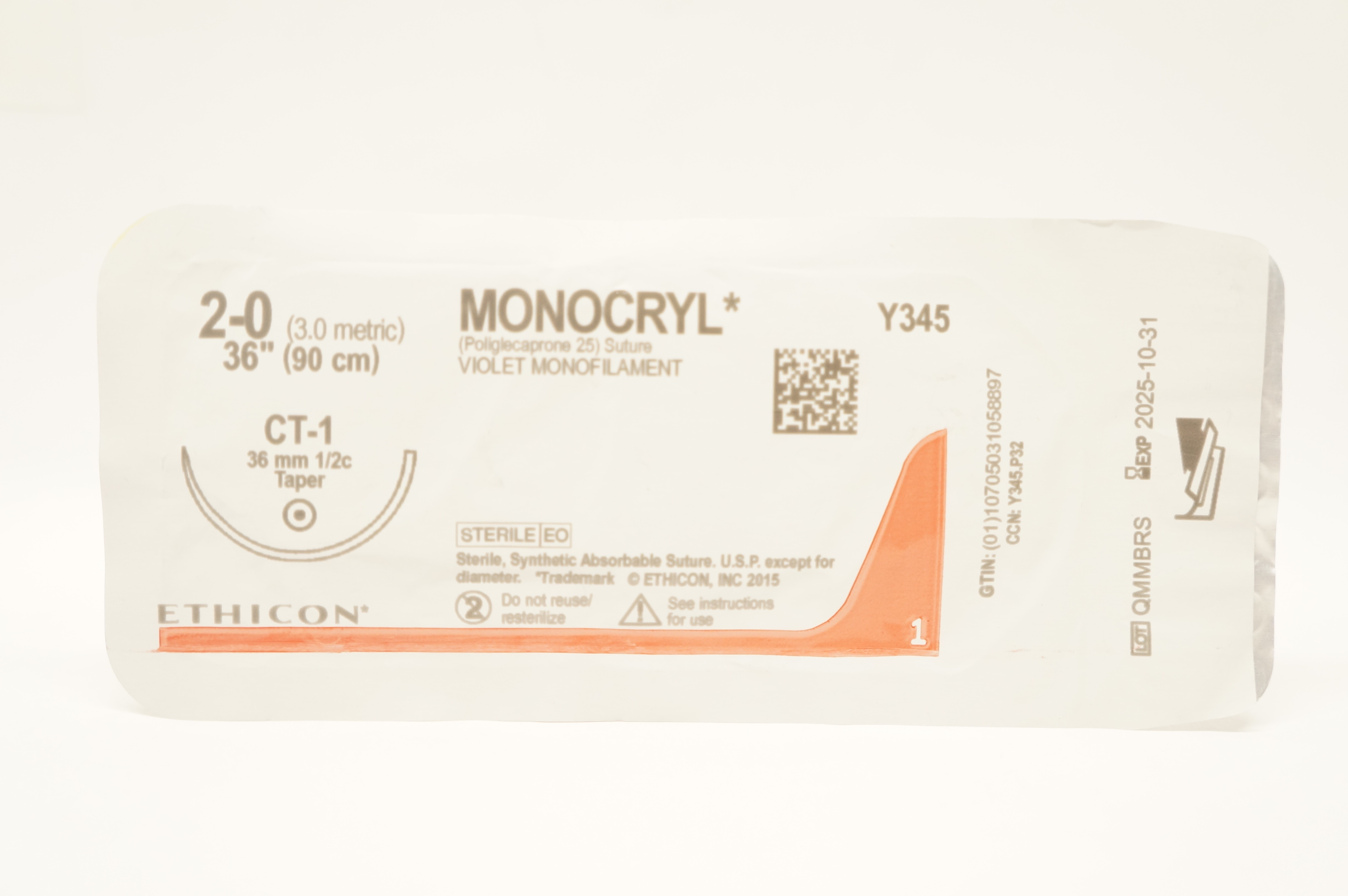 Ethicon Y345 2-0 MONOCRYL, CT-1, 36mm 1/2c Taper, 36inch