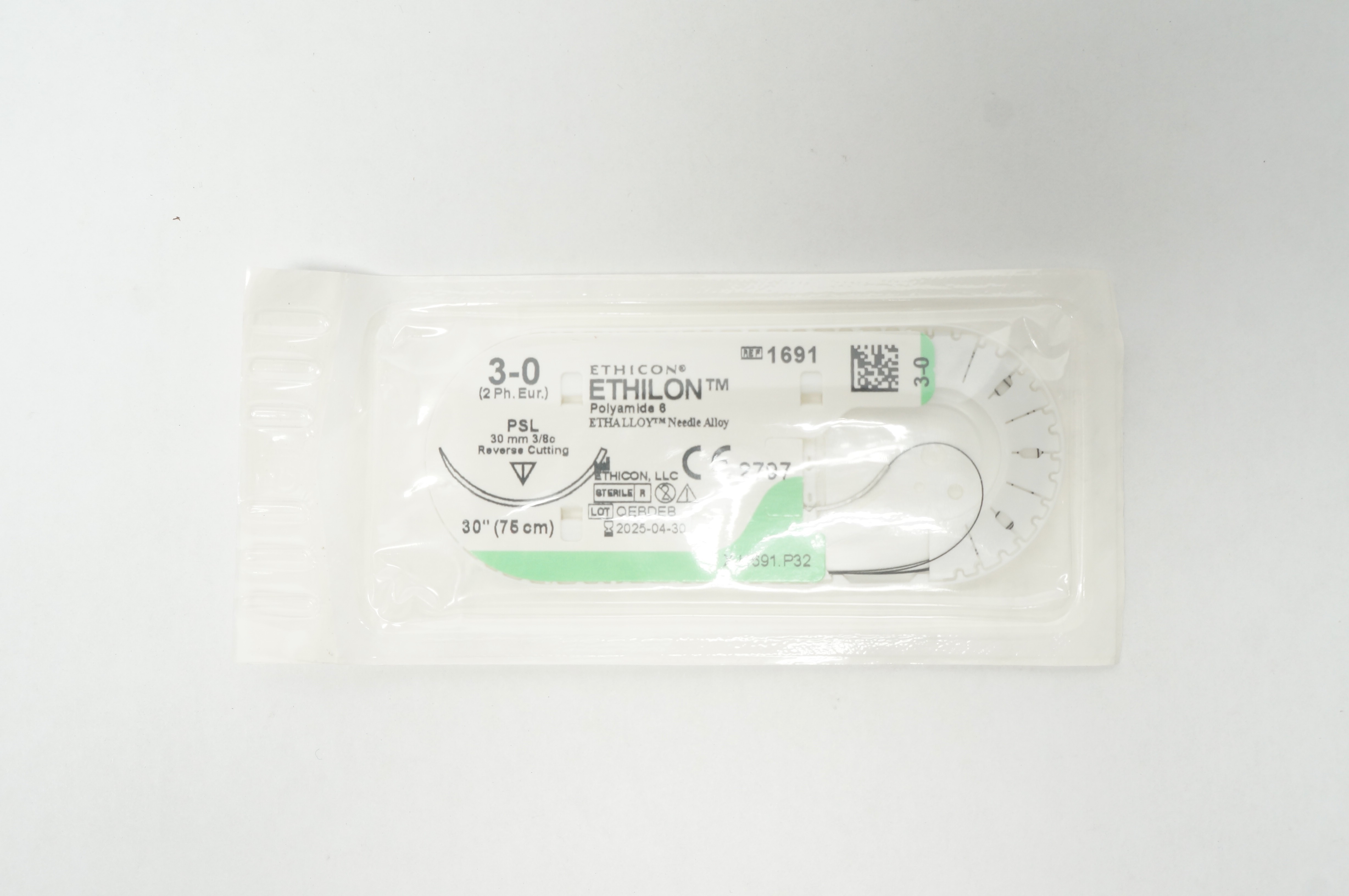 Ethicon 1691 3-0 ETHILON PSL 30mm 3/8c Reverse Cutting 30inch