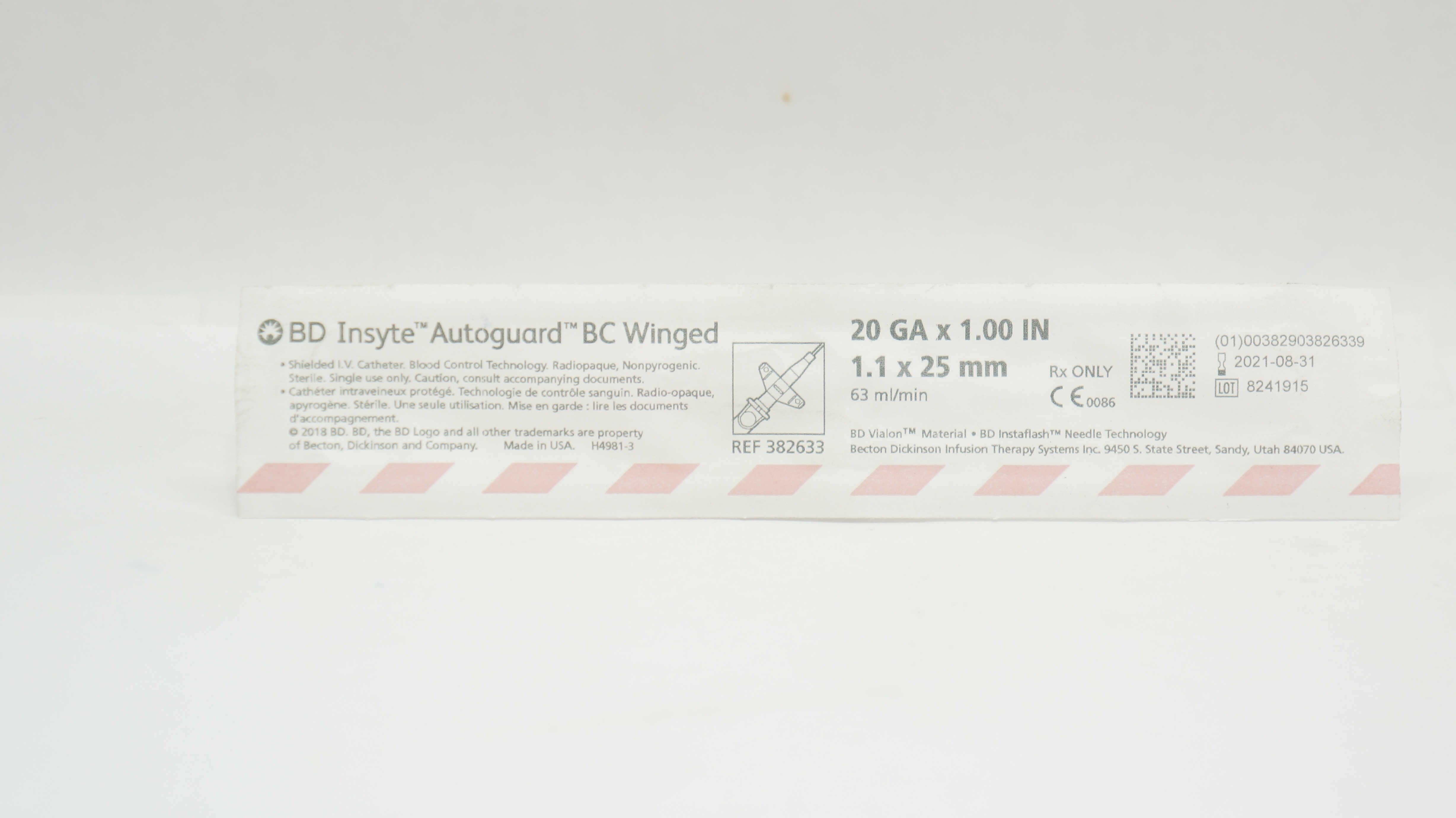 BD 382633 Autoguard BC Winged Shielded I.V. Cath. 20GA x 1.00inch 63ml/min (x)