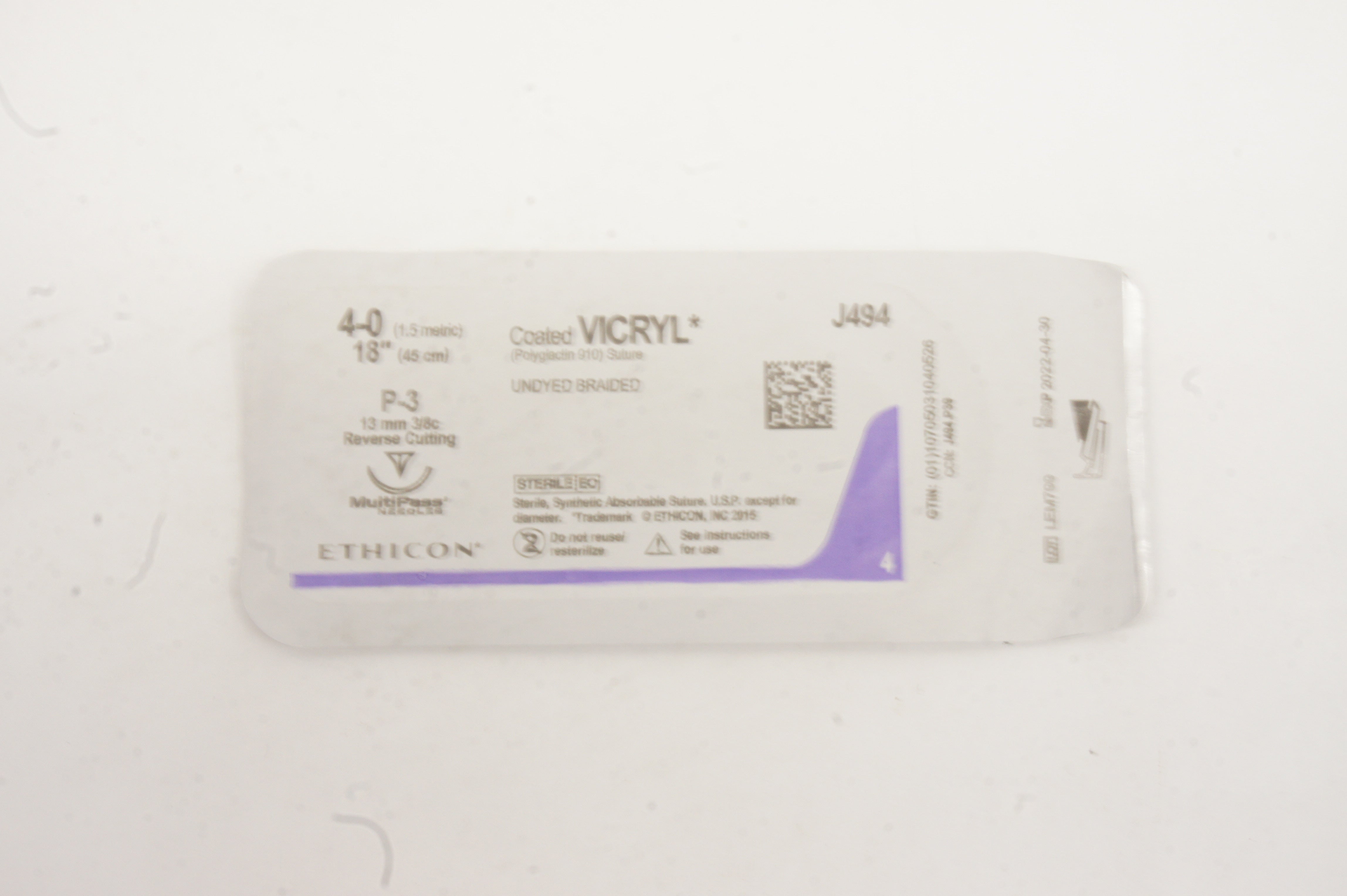 Ethicon J494 4-0 Coated Vicryl  Stre. Undyed Braided 18inch, P-3 13mm
