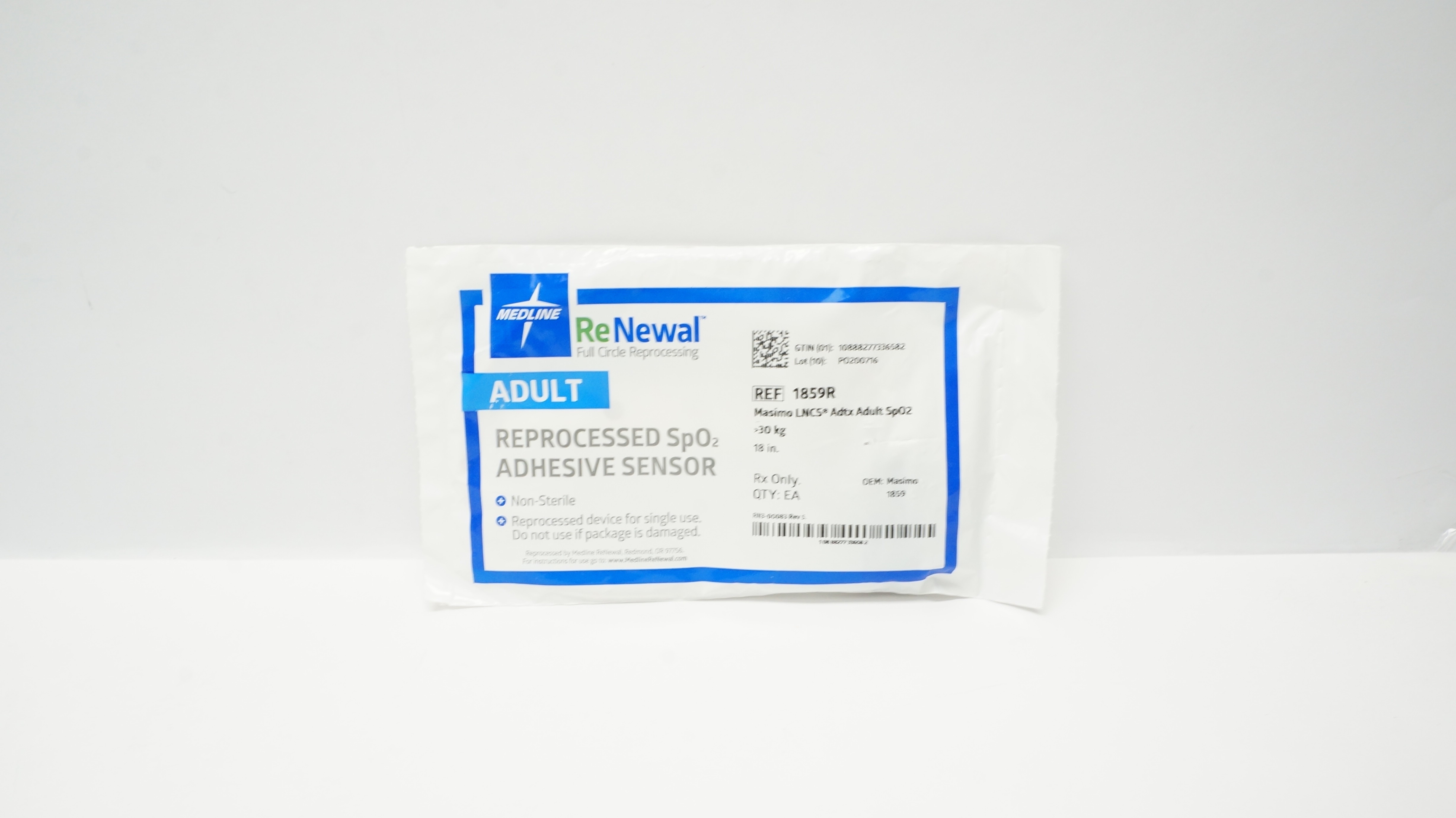 Medline 1859R ReNewal Reprocessed SpO2 Adhesive Sensor, Adult 18inch