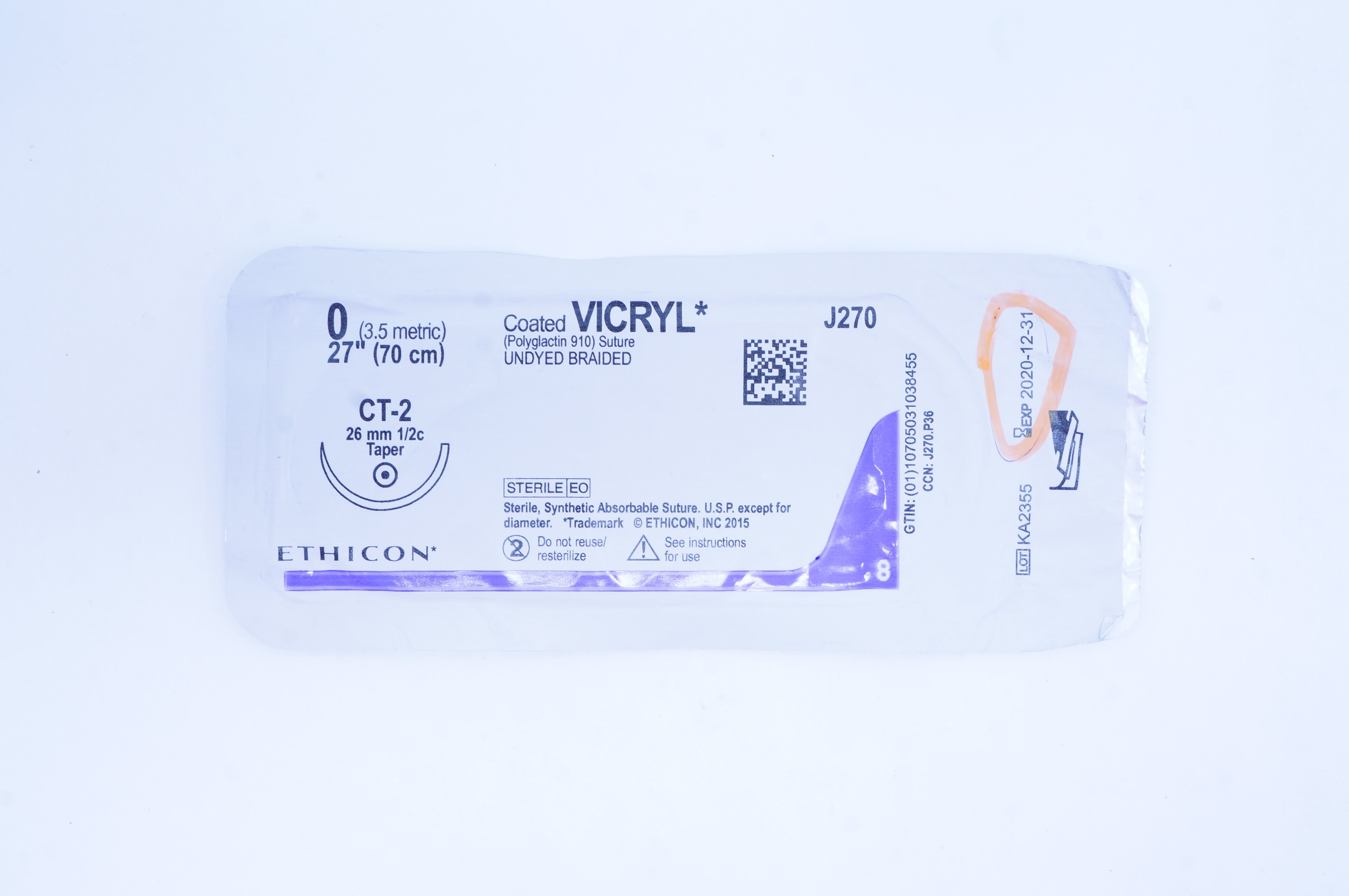 Ethicon J270 0 Coated VICRYL Stre, Undyed Braided,CT-2 26mm 1/2c Taper,27in. (x)