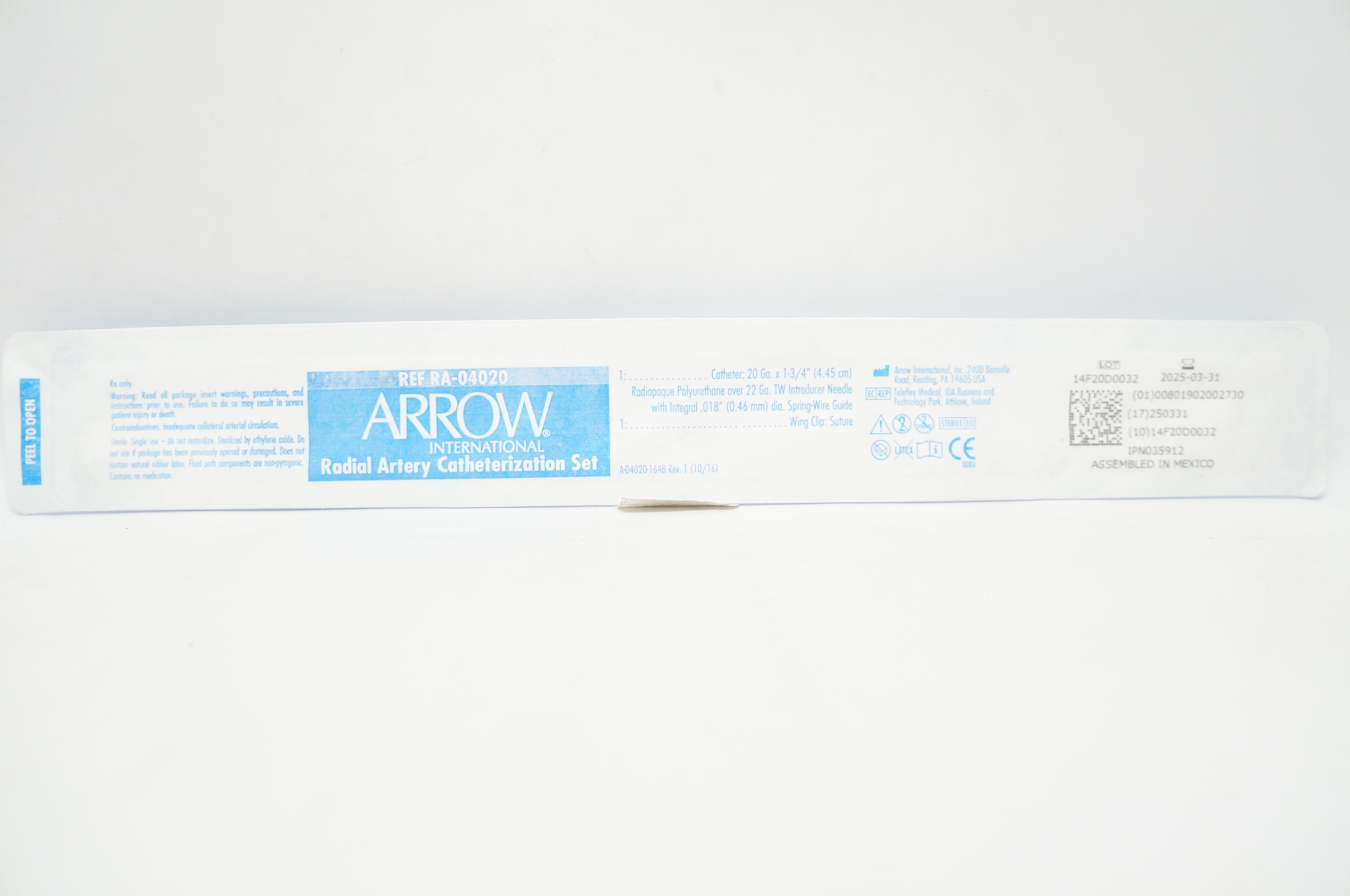 Arrow RA-04020 Radial Artery Catheterization Set 20Ga x 1-3/4 inch