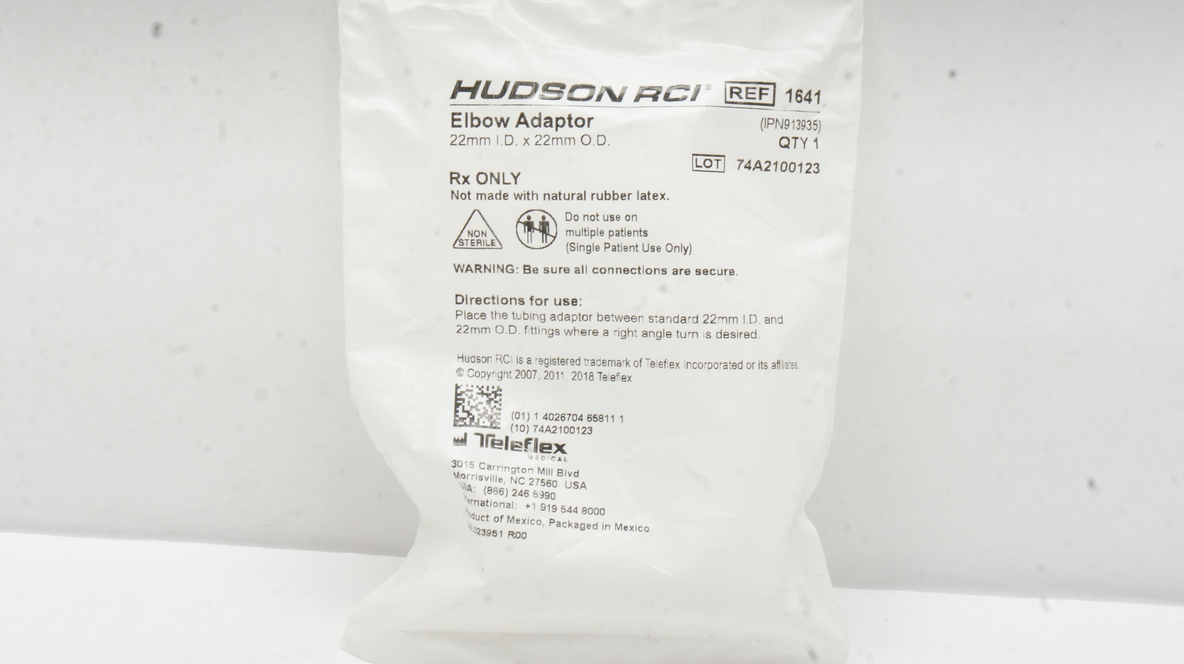 Teleflex Adapters Teleflex 1641 Hudson RCI Elbow Adaptor 22mm ID x 22mm OD