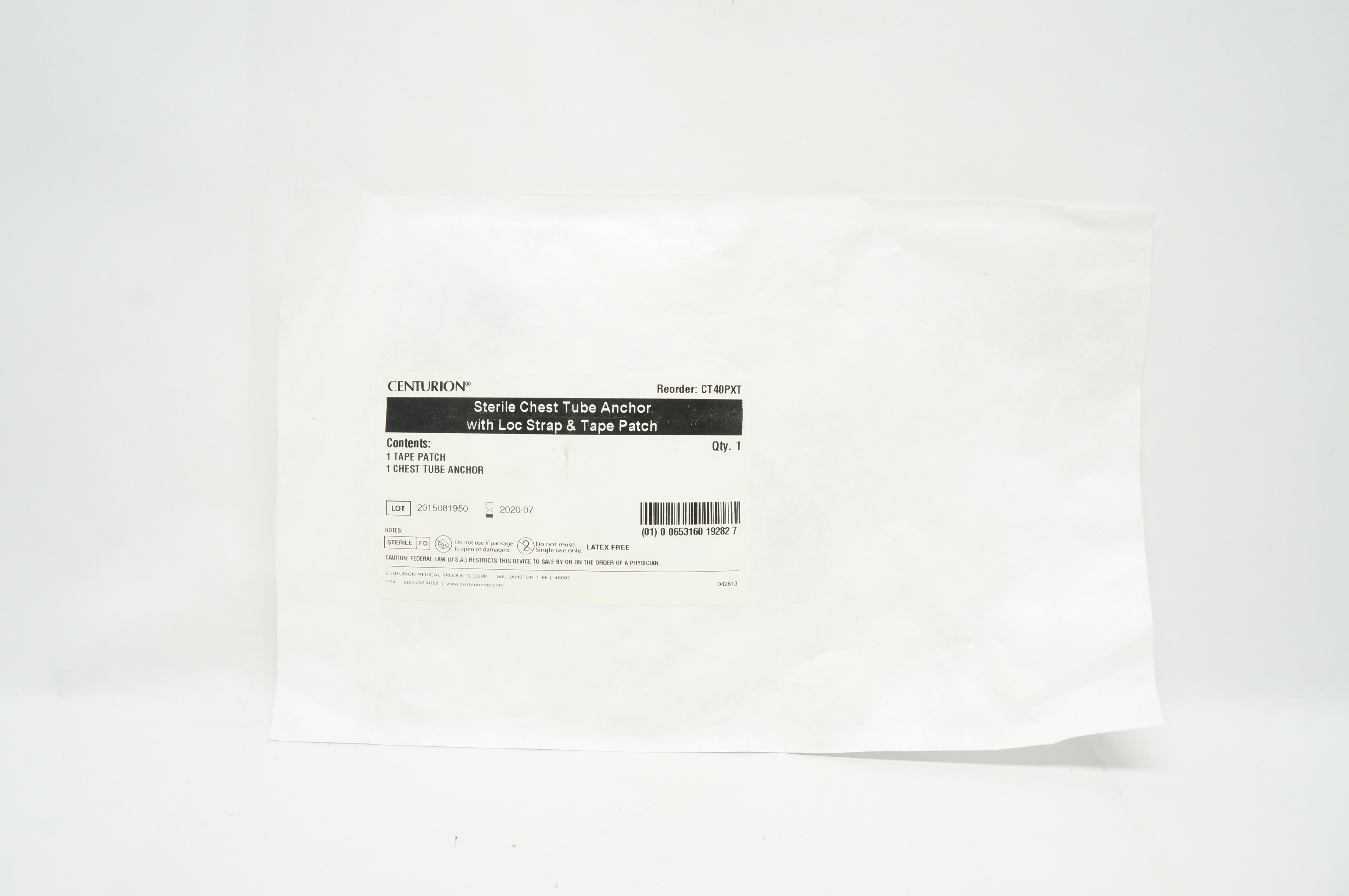 Centurion Medical CT40PXT Chest Tube Anchor w/Loc Strap & Tape Patch (x)