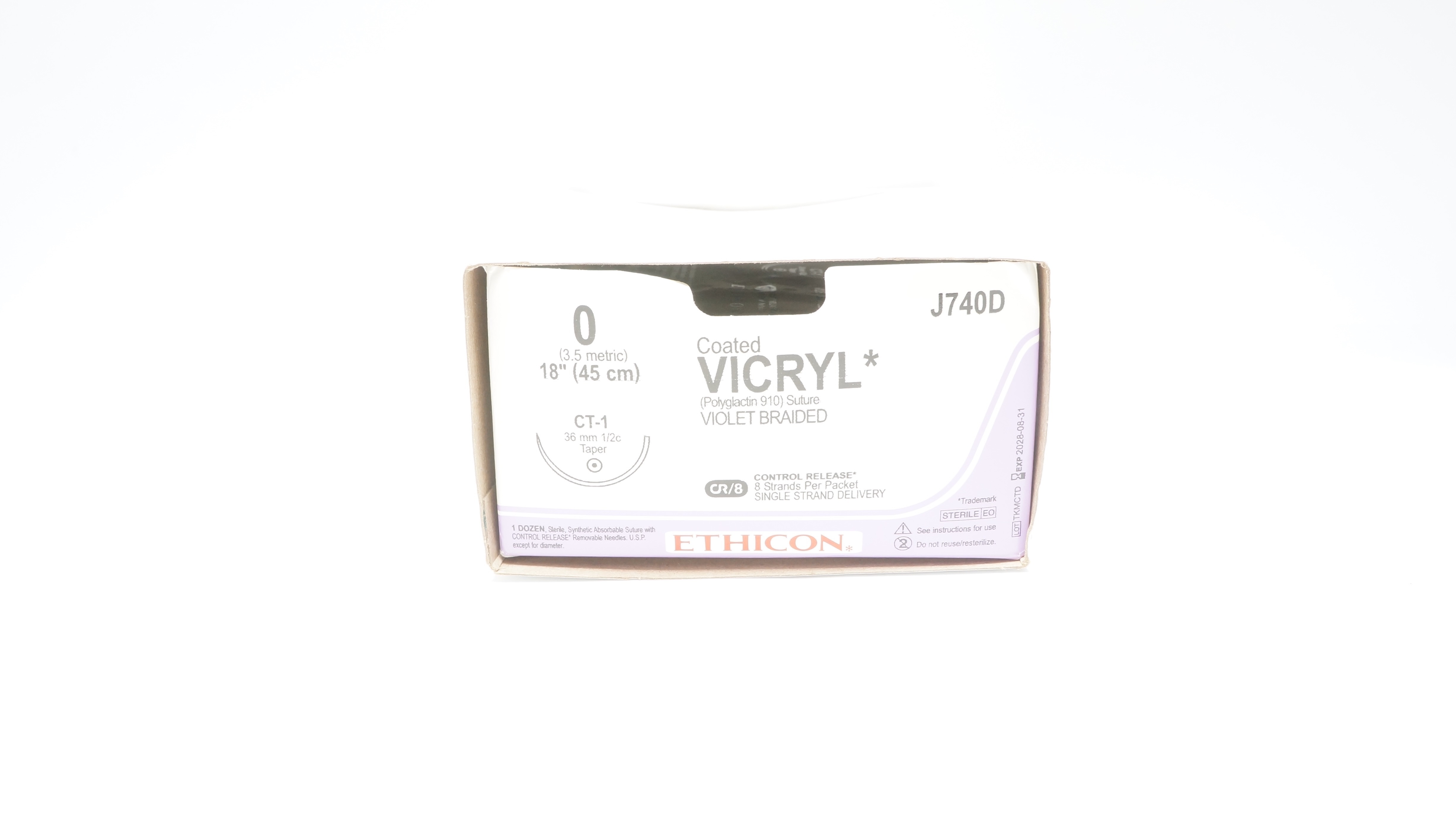Ethicon J740D 0 Coated VICRYL Stre CT-1 36mm 1/2c Taper 18inch - Box of 10