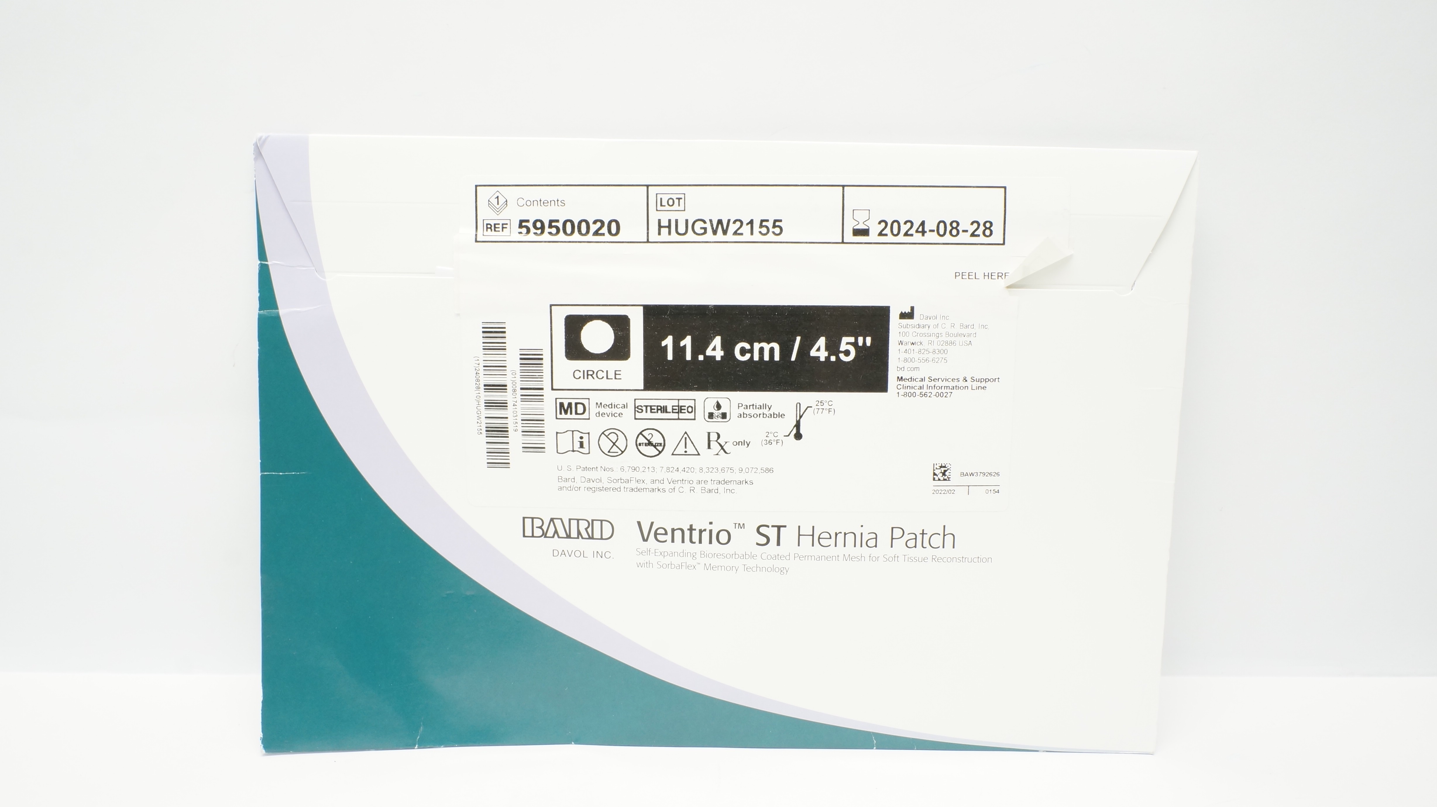 Bard 5950020 Ventrio ST Hernia Patch Bioresorbable Coated Mesh 4.5inch (x)