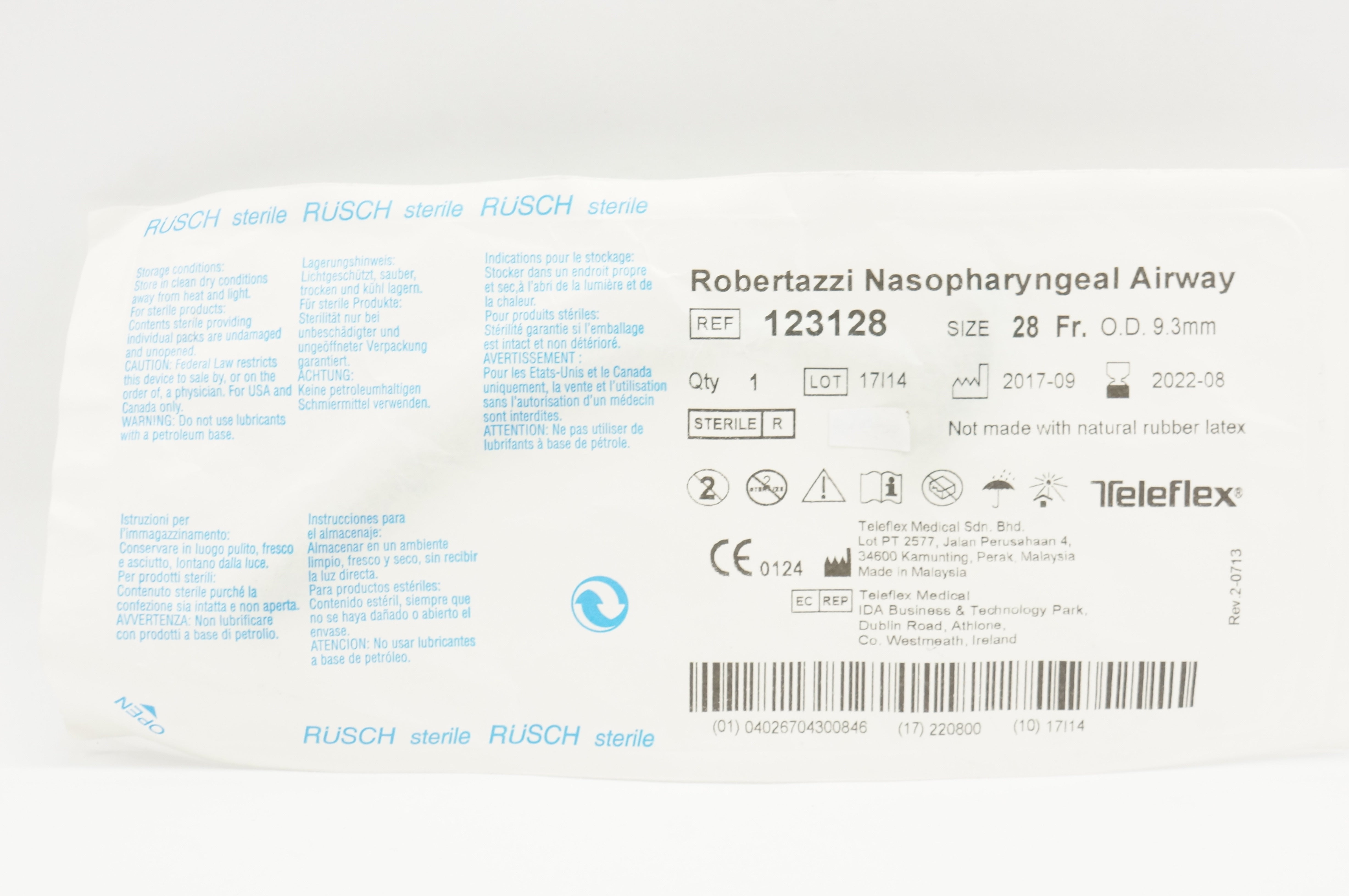 Teleflex 123128 Rusch Robertazzi Nasopharyngeal Airway 28Fr x 9.3mm (x)