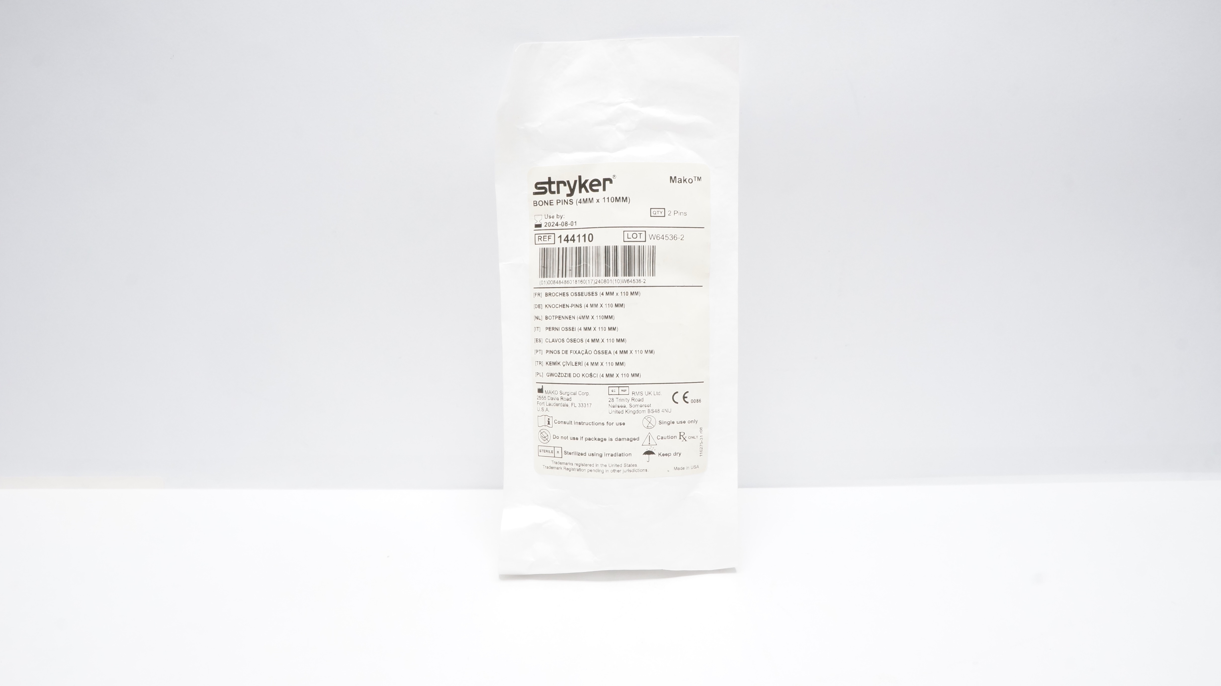 Stryker 144110 Mako Bone Pins 4mm x 110mm - Pack of 2 Pins (x)