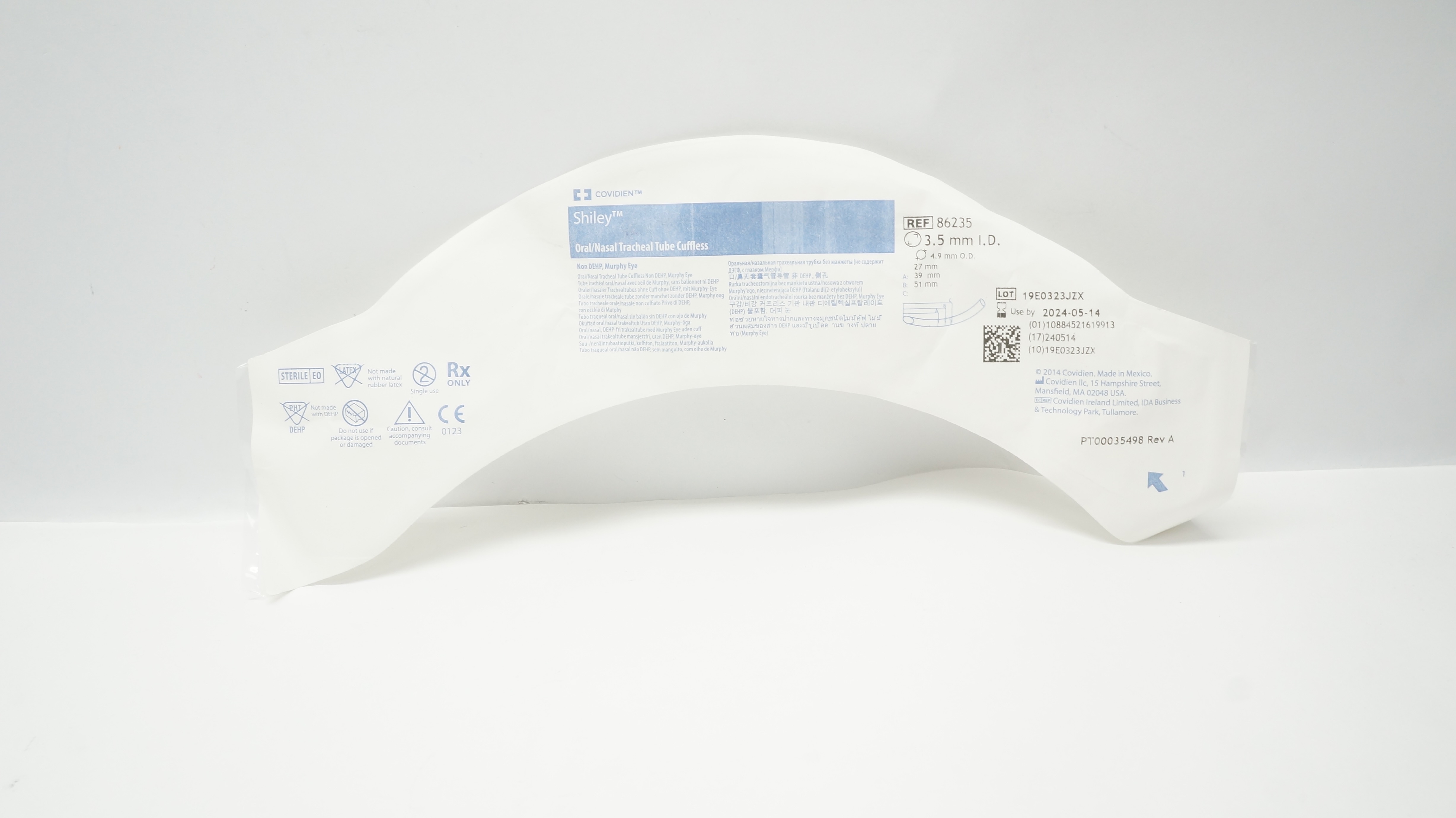 Covidien 86235 Shiley Oral/Nasal Tracheal Tube Cuffless 3.5mm ID x 4.9mm OD (x)