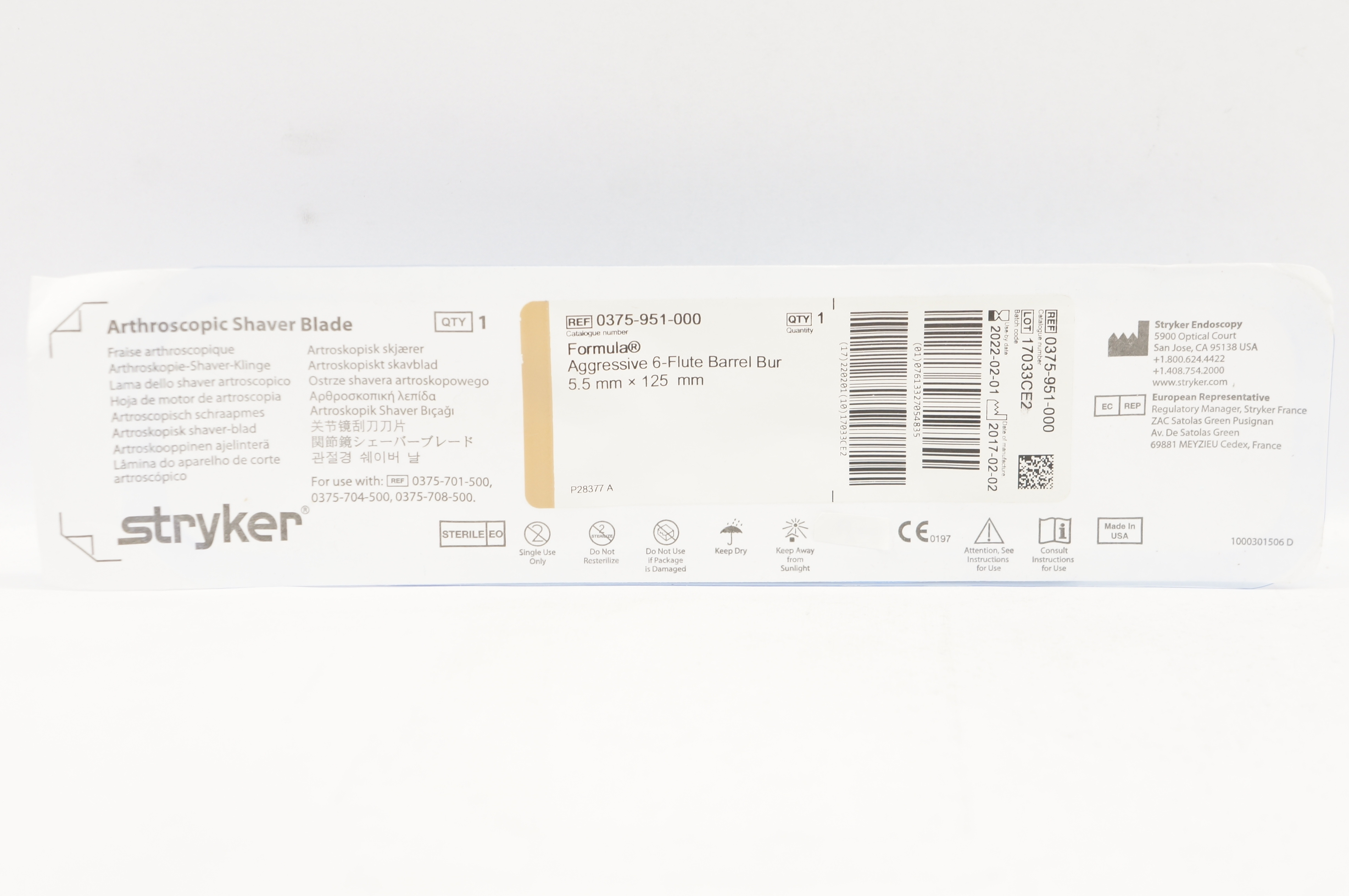 Stryker 0375-951-000 Formula Arthroscopy Blade Barrel Bur 6-Flute 5.5 x 125mm (x)