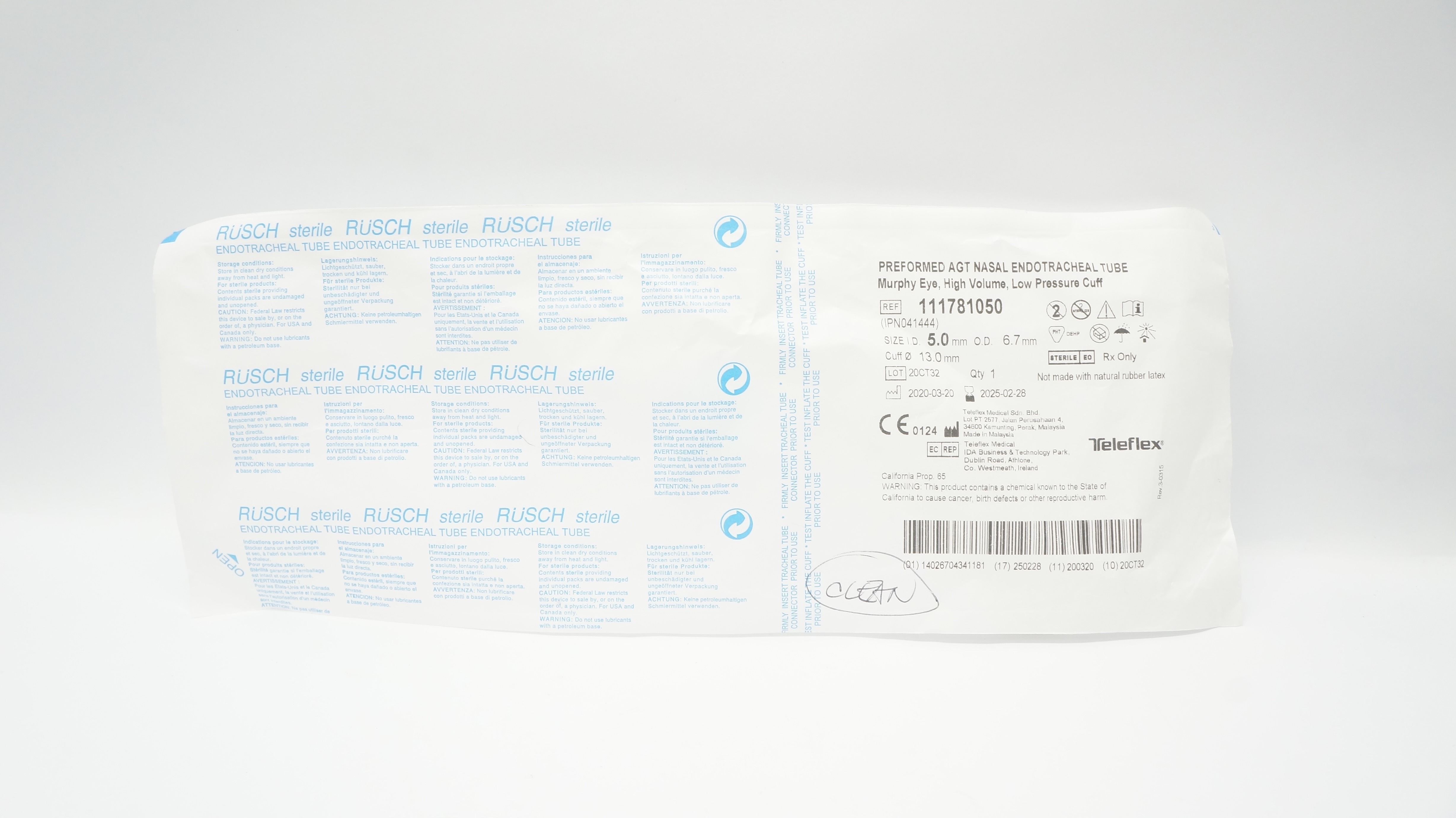 Teleflex 111781050 Preformed AGT Nasal Endotracheal Tube 5.0ID x 6.7ODx13.0mm(x)