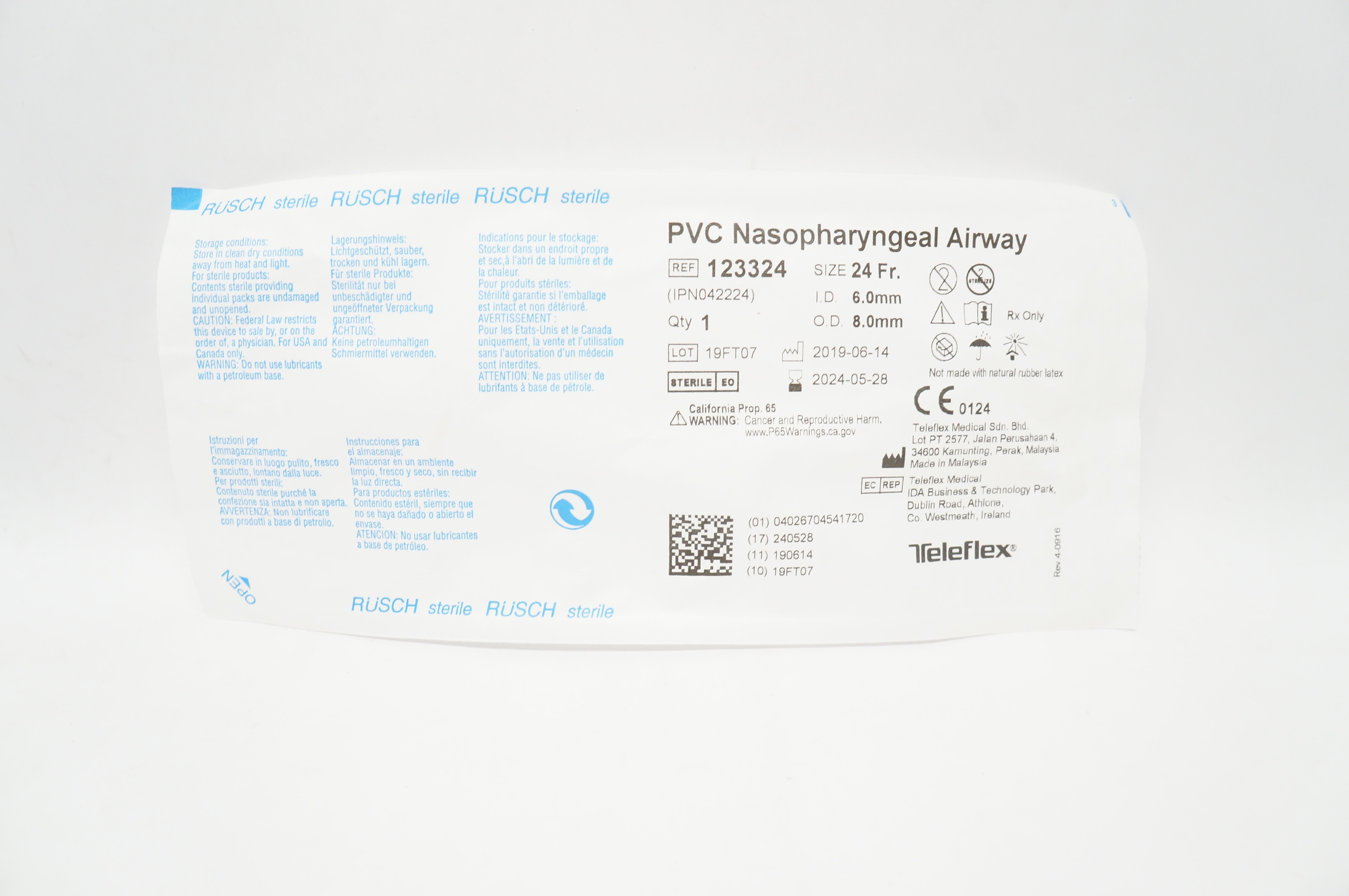 Teleflex 123324 Rusch PVC Nasopharyngeal Airway 24 Fr x 6.0mm ID x 8.0mm OD