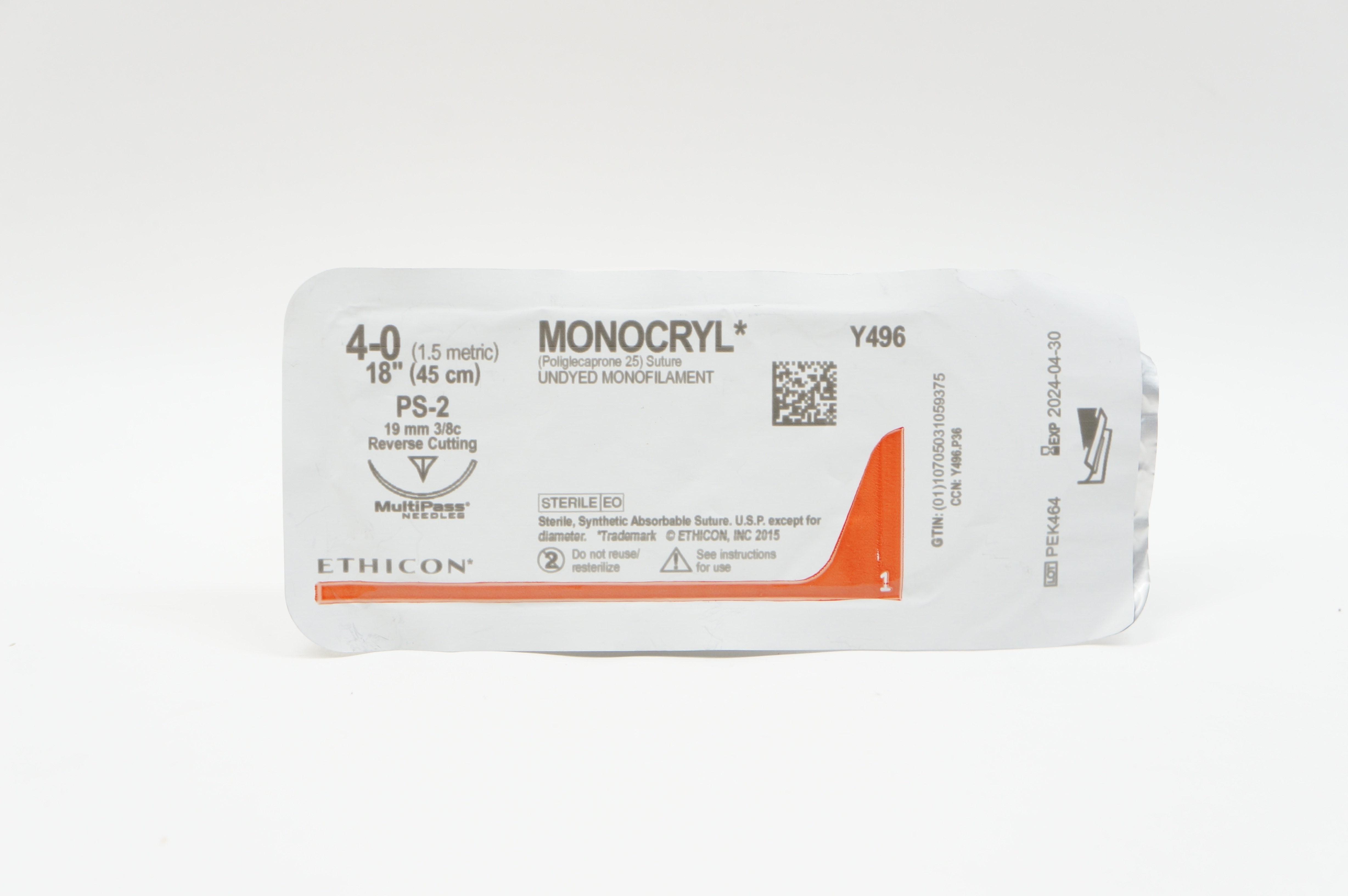 Ethicon Y496 4-0 MONOCRYL, PS-2, 19mm 3/8c Reverse Cutting, 18inch