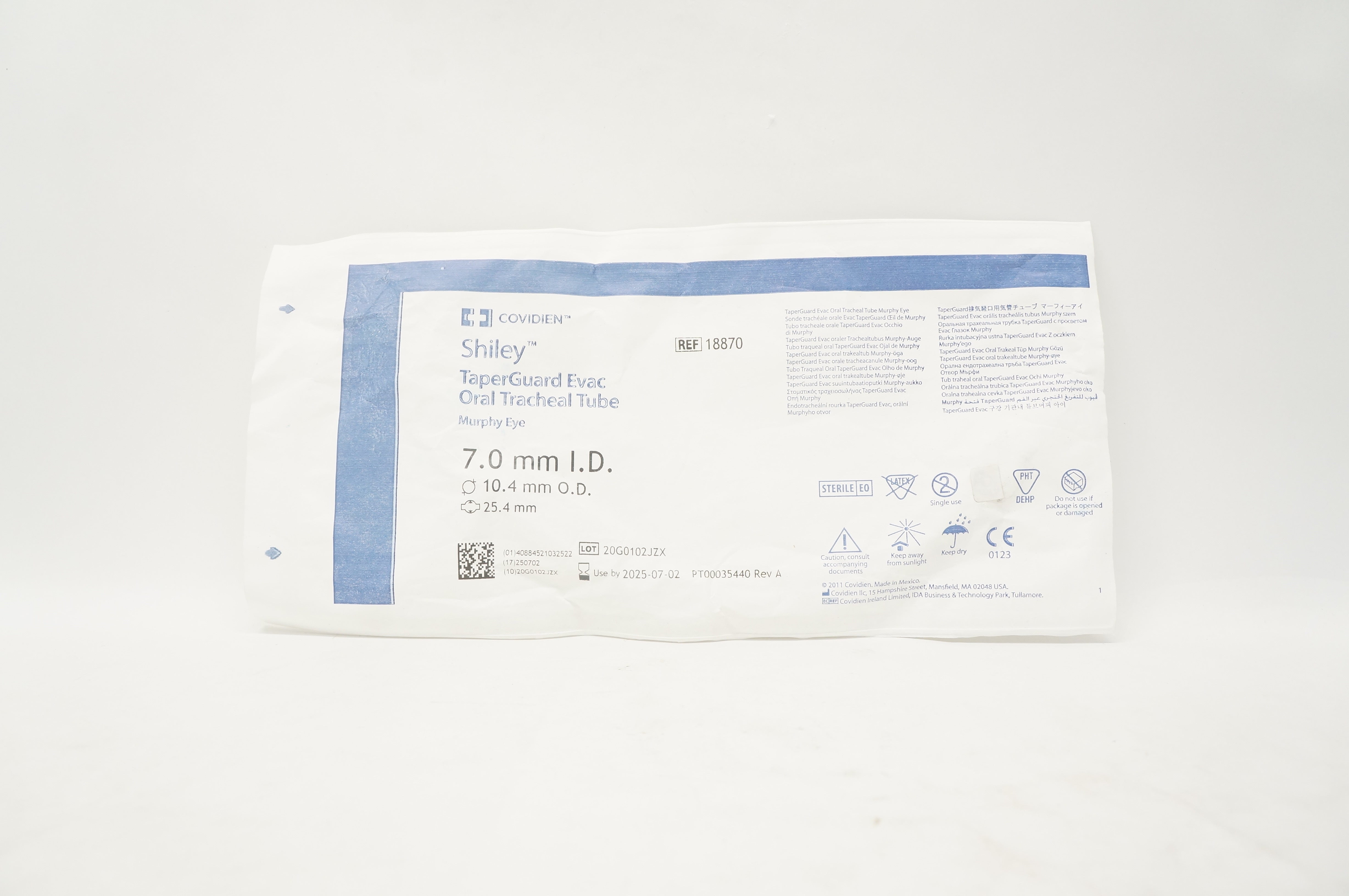 Covidien 18870 Shiley TaperGuard Evac Oral Tracheal Tube 7.0ID x 10.4OD x 25.4mm