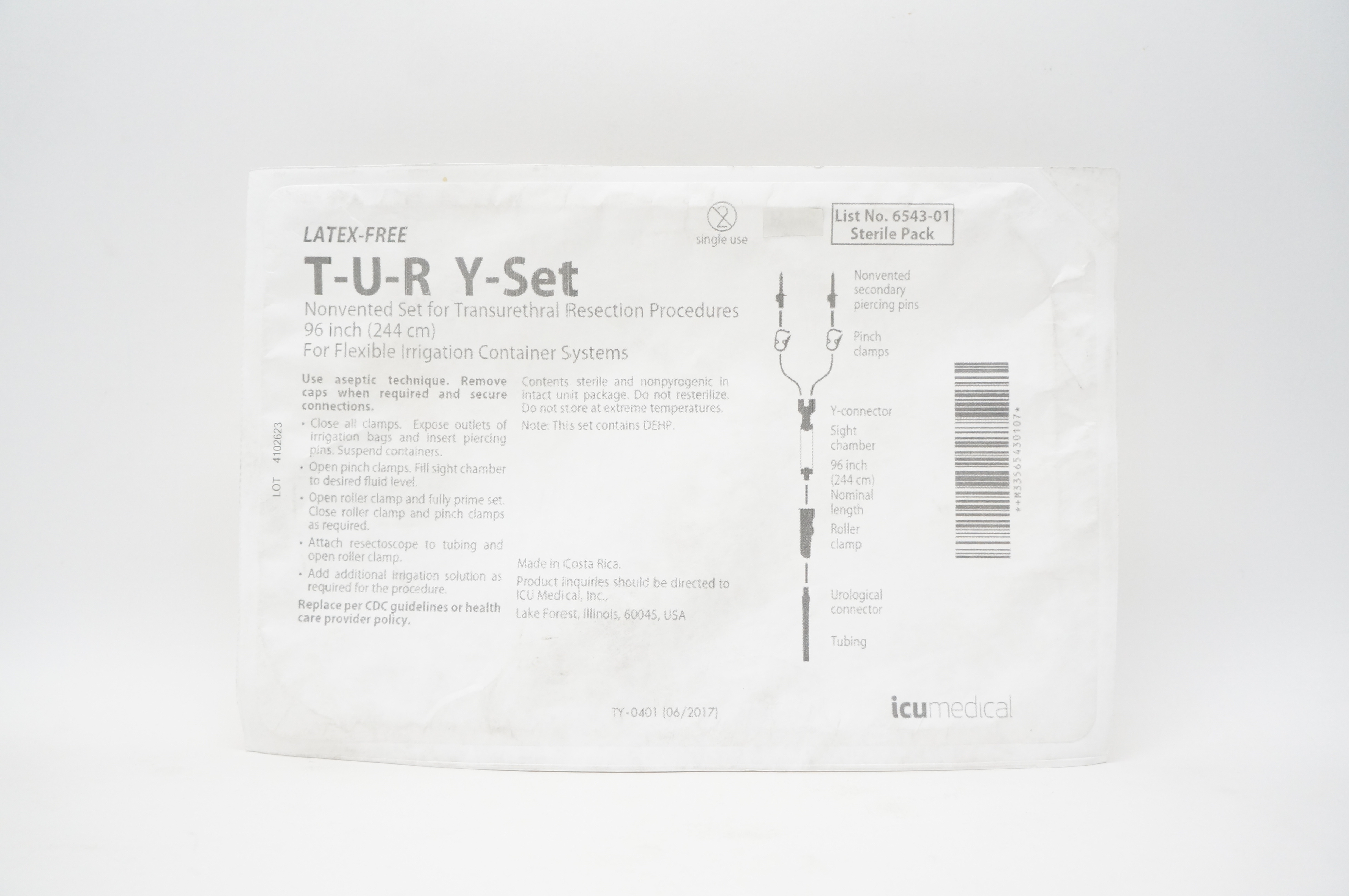 ICU Medical 6543-01 T-U-R Y-Set Nonvented Set for Transurethral Resection 96inch