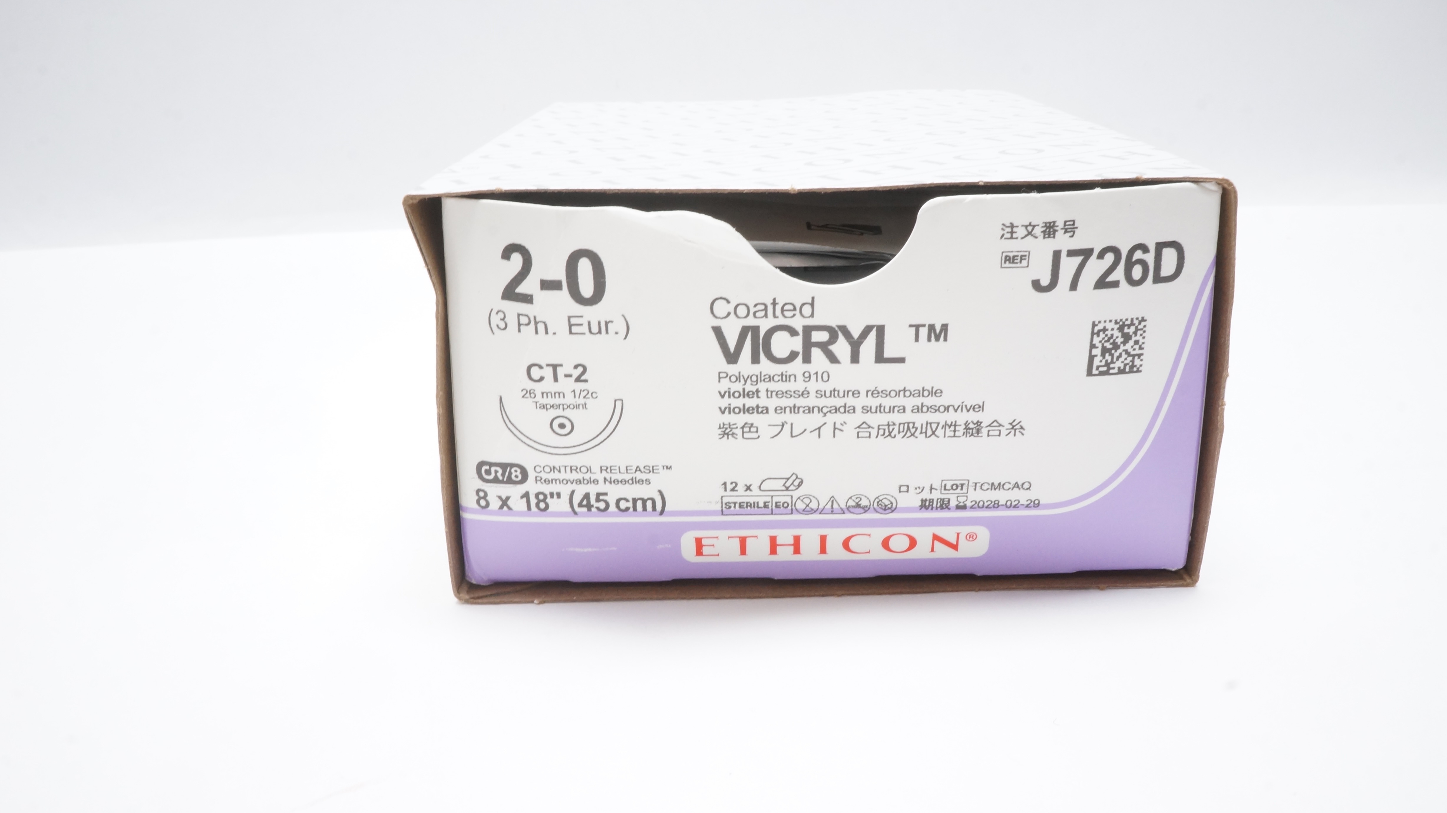 Ethicon J726D 2-0 Coated VICRYL CT-2 26mm 1/2c Taperpoint, 18inch - Box of 12